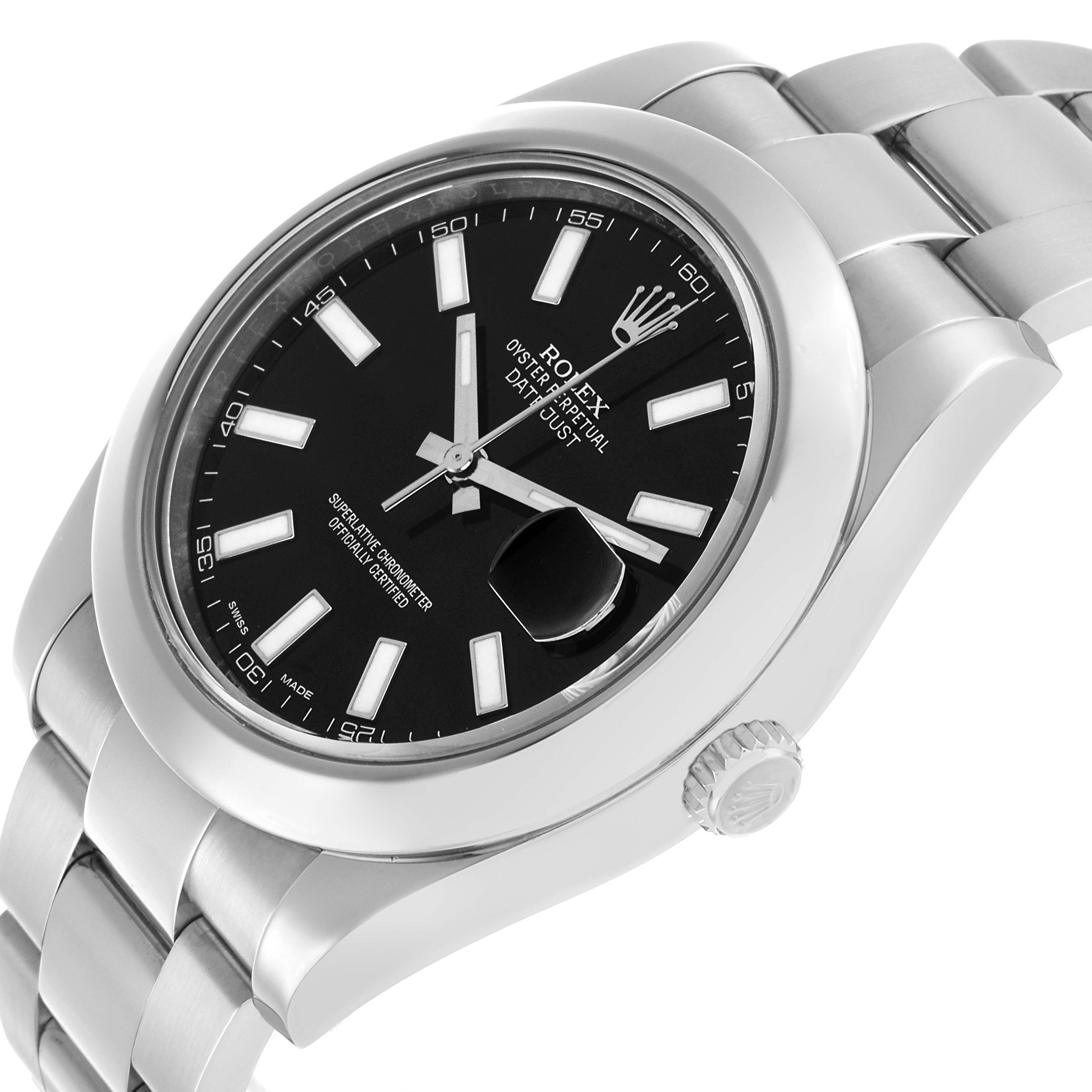 The Rolex Datejust 41 116300 Men's Stainless Steel Black Dial is shown at an angled side view, highlighting the bracelet, bezel, and dial.