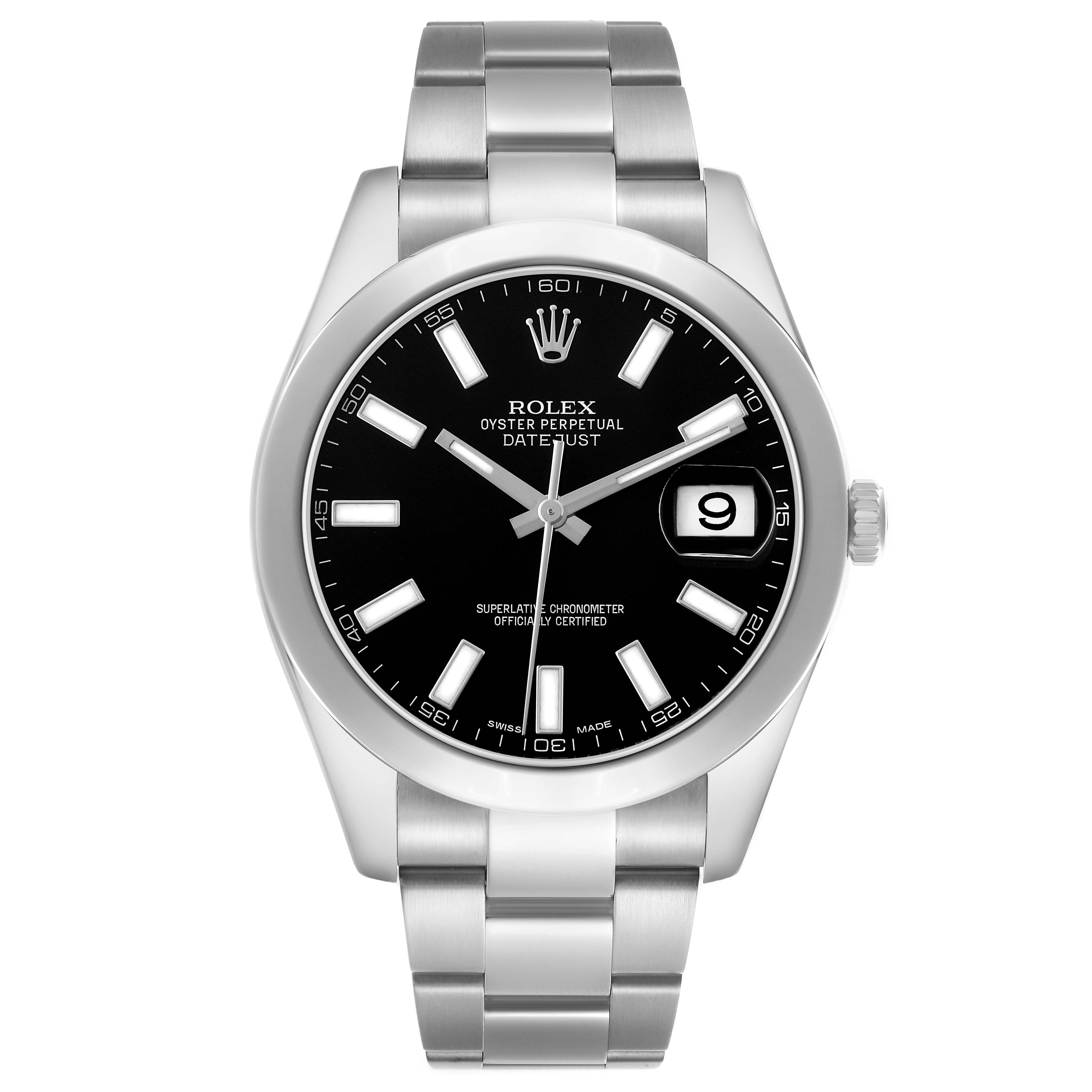 The Rolex Datejust 41 116300 Men's Stainless Steel Black Dial watch is shown from a front angle, displaying its black dial, markers, bezel, and stainless steel bracelet.