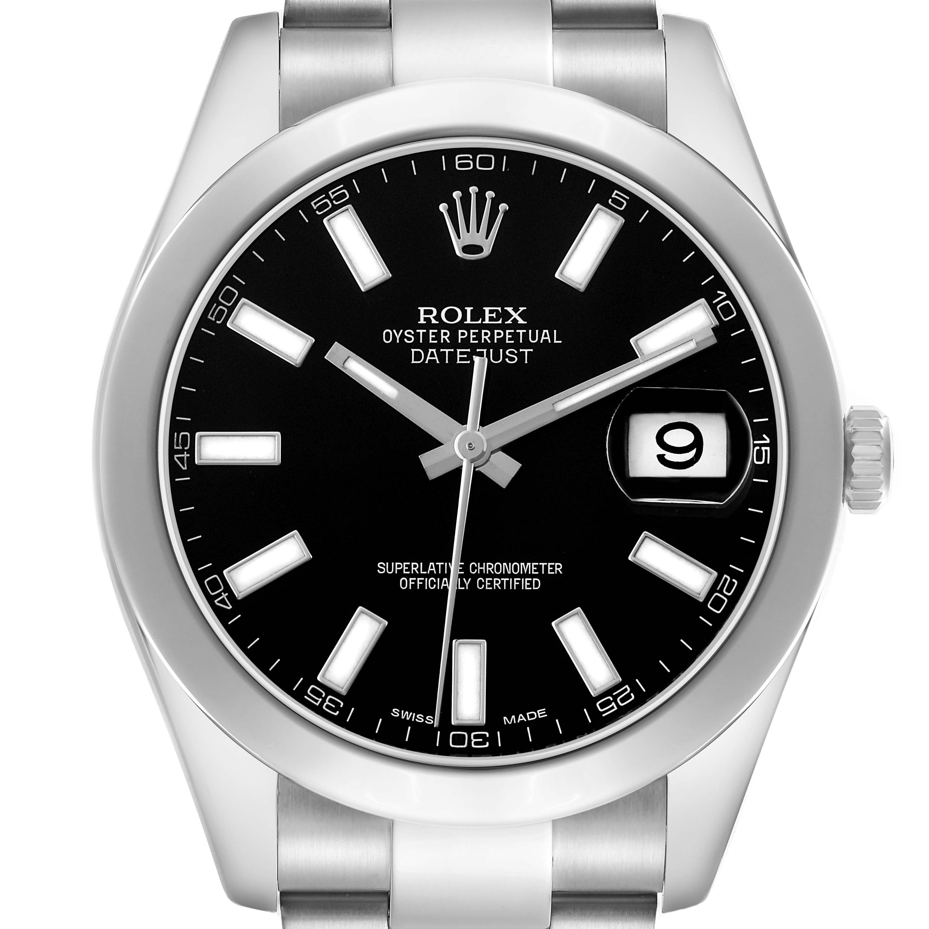 The Rolex Datejust 41 116300 Men's Stainless Steel Black Dial model is shown from the front, displaying its black dial, silver hour markers, and date window.