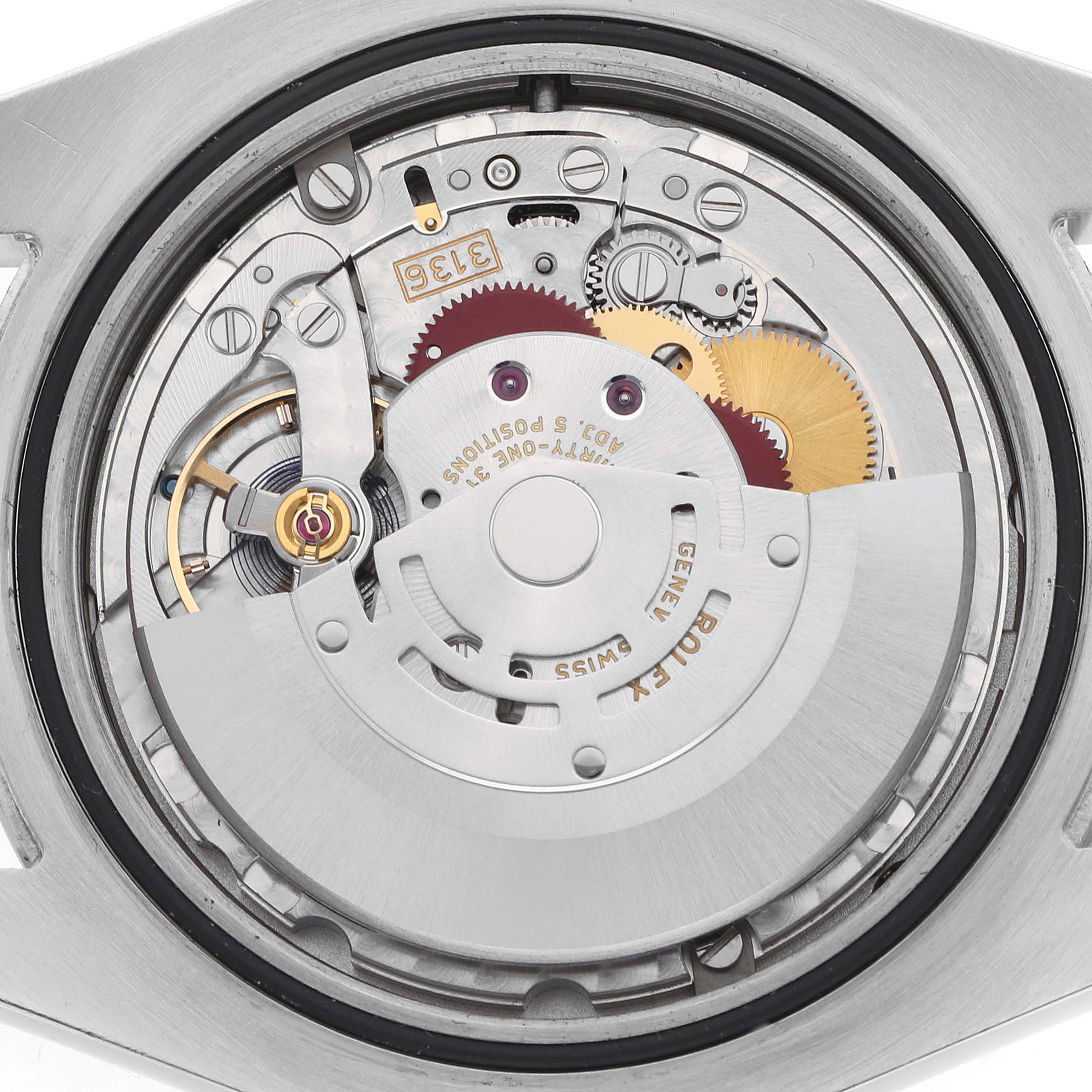 The image shows the Rolex Datejust 41 116300 Men's Stainless Steel Black Dial movement from a back angle, highlighting the intricate components and rotor.