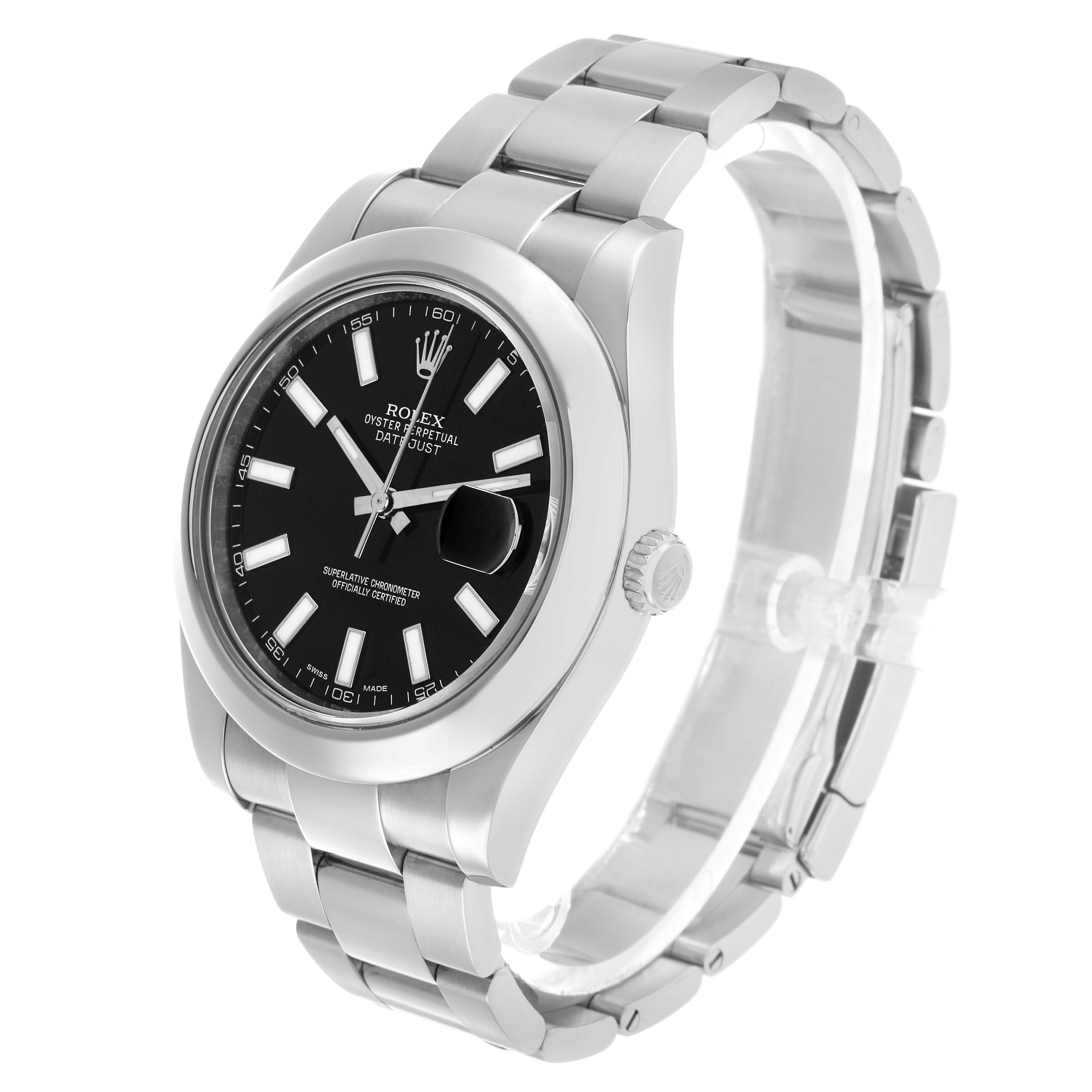 The Rolex Datejust 41 116300 Men's Stainless Steel Black Dial is shown at a slight angle, highlighting the black dial, date magnifier, and the stainless steel bracelet.