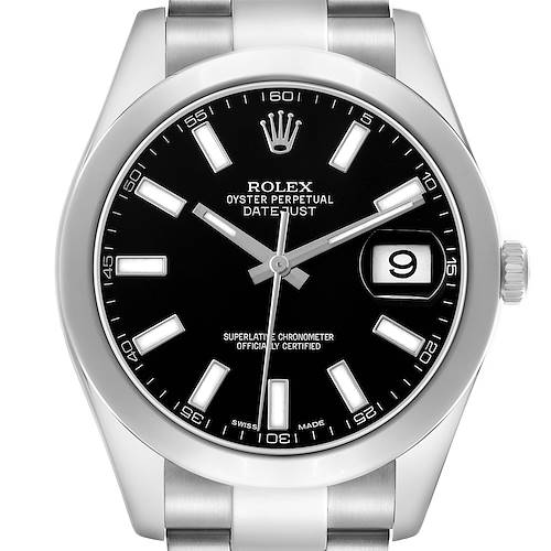 The Rolex Datejust 41 116300 Men's Stainless Steel Black Dial is shown from a straight-on angle, highlighting the dial, hour markers, bezel, and crown.