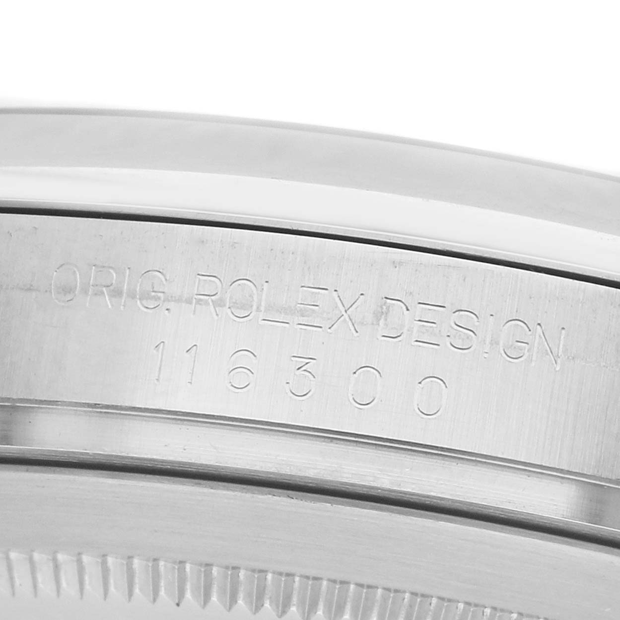 The image shows a close-up of the side of a Rolex Datejust 41 116300 Men's Stainless Steel Black Dial, highlighting the engraved design and model number.