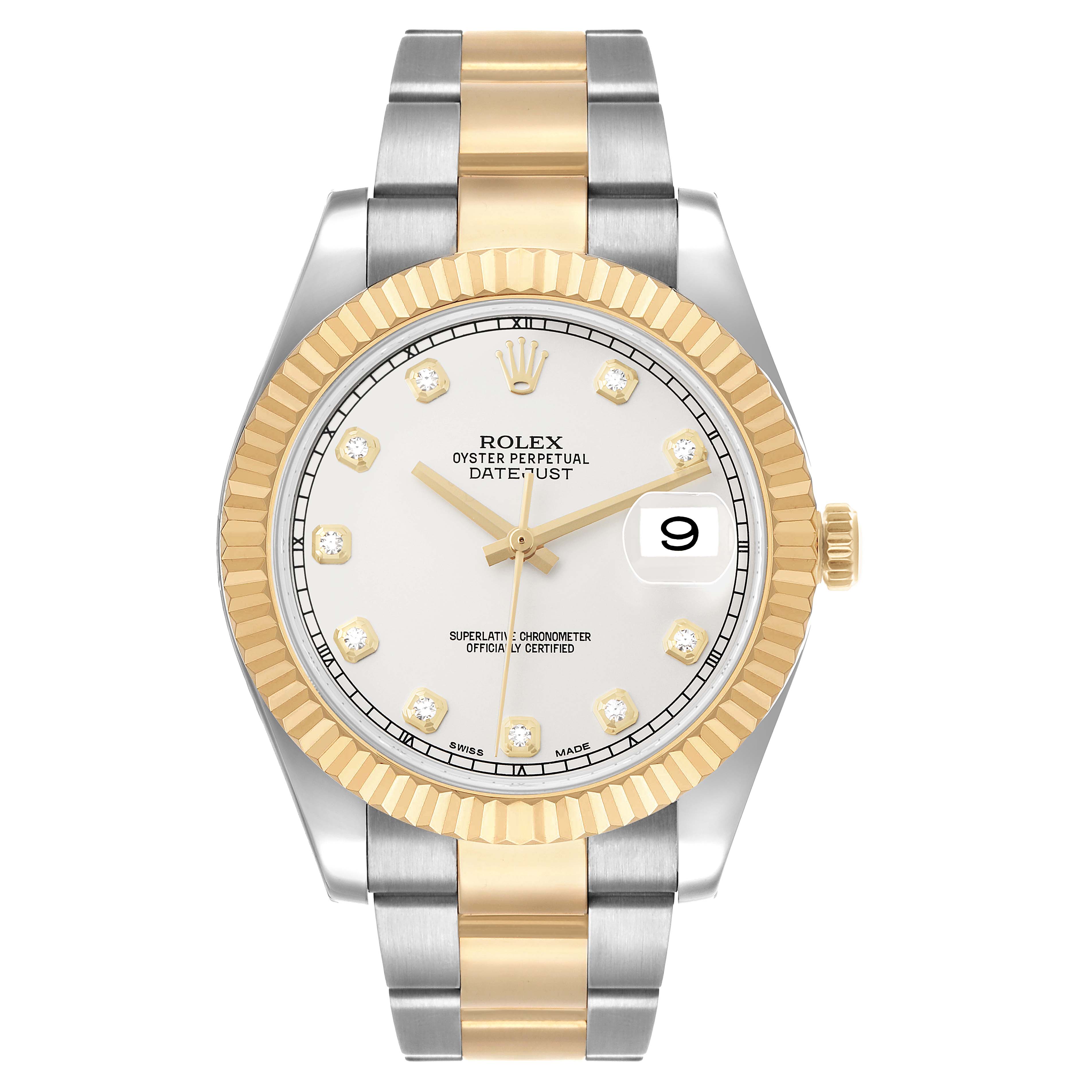 The Rolex Datejust 41 116333 Men's Steel and Gold (two tone) Silver Dial is shown from a front view, highlighting the dial, fluted bezel, and two-tone bracelet.