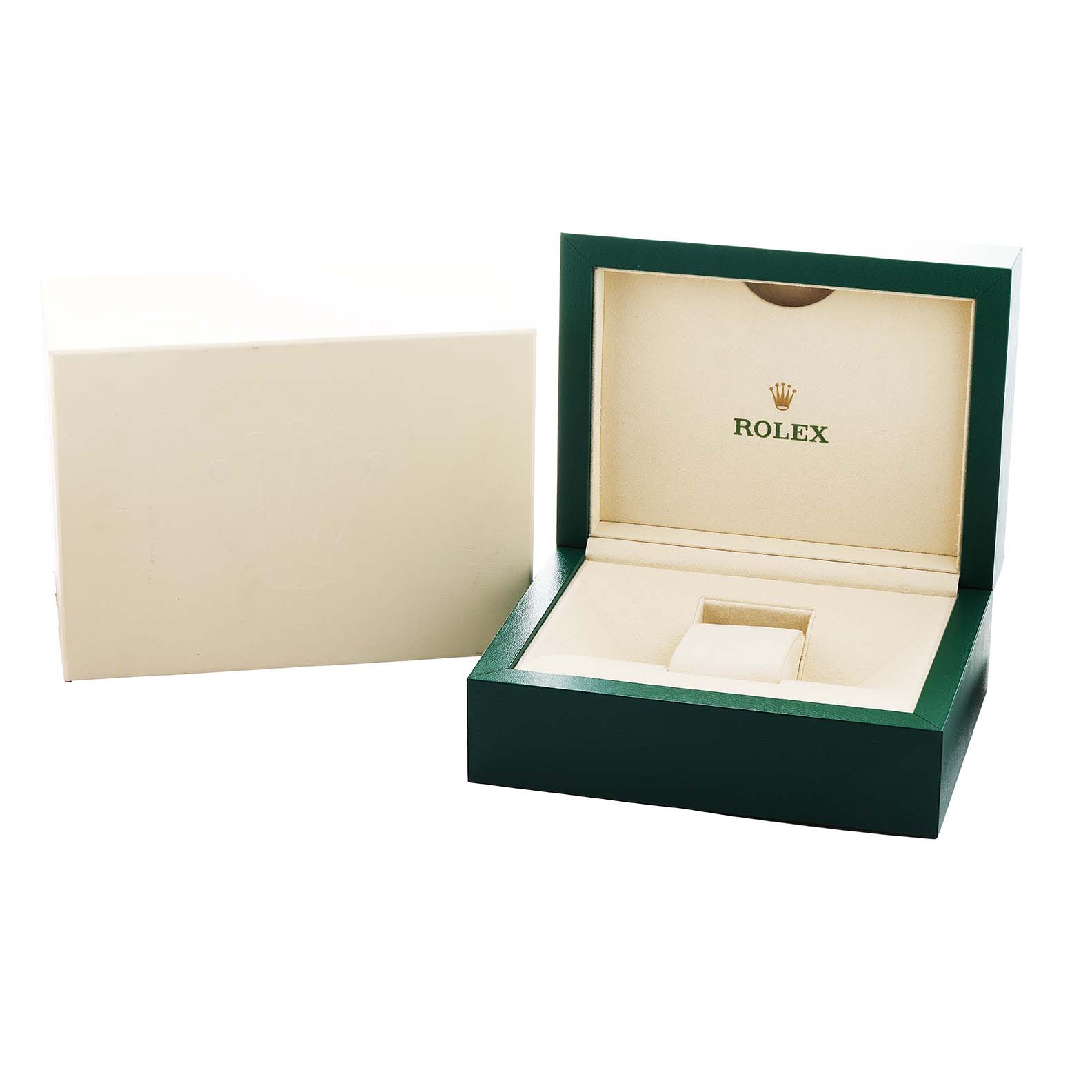 The image shows the Rolex Datejust 41 116333 Men's Steel and Gold (two tone) Silver Dial packaging, including the open green and beige watch box and its outer box.