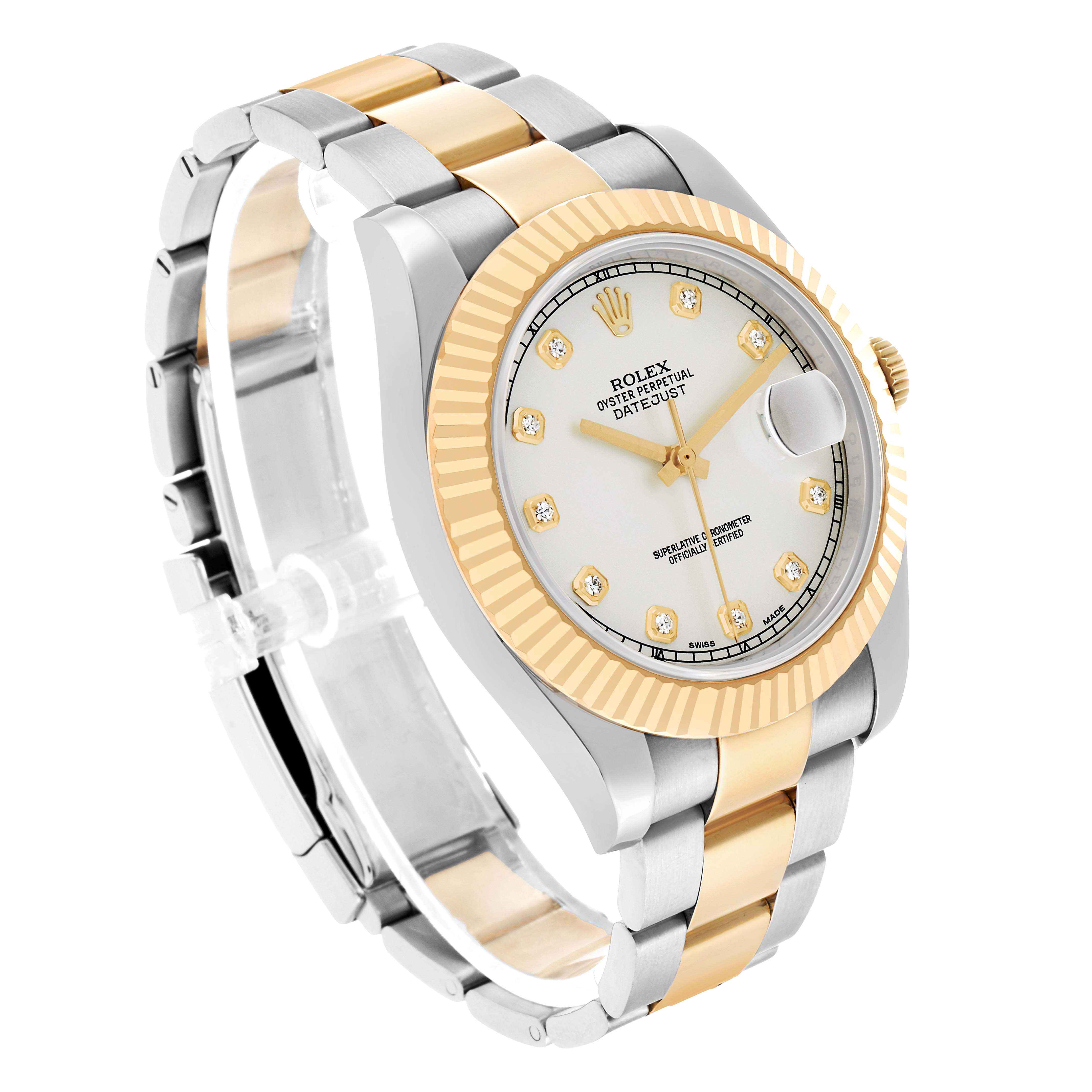 The Rolex Datejust 41 116333 Men's Steel and Gold (two tone) Silver Dial is shown from a three-quarter angle displaying the dial, fluted bezel, and two-tone bracelet.