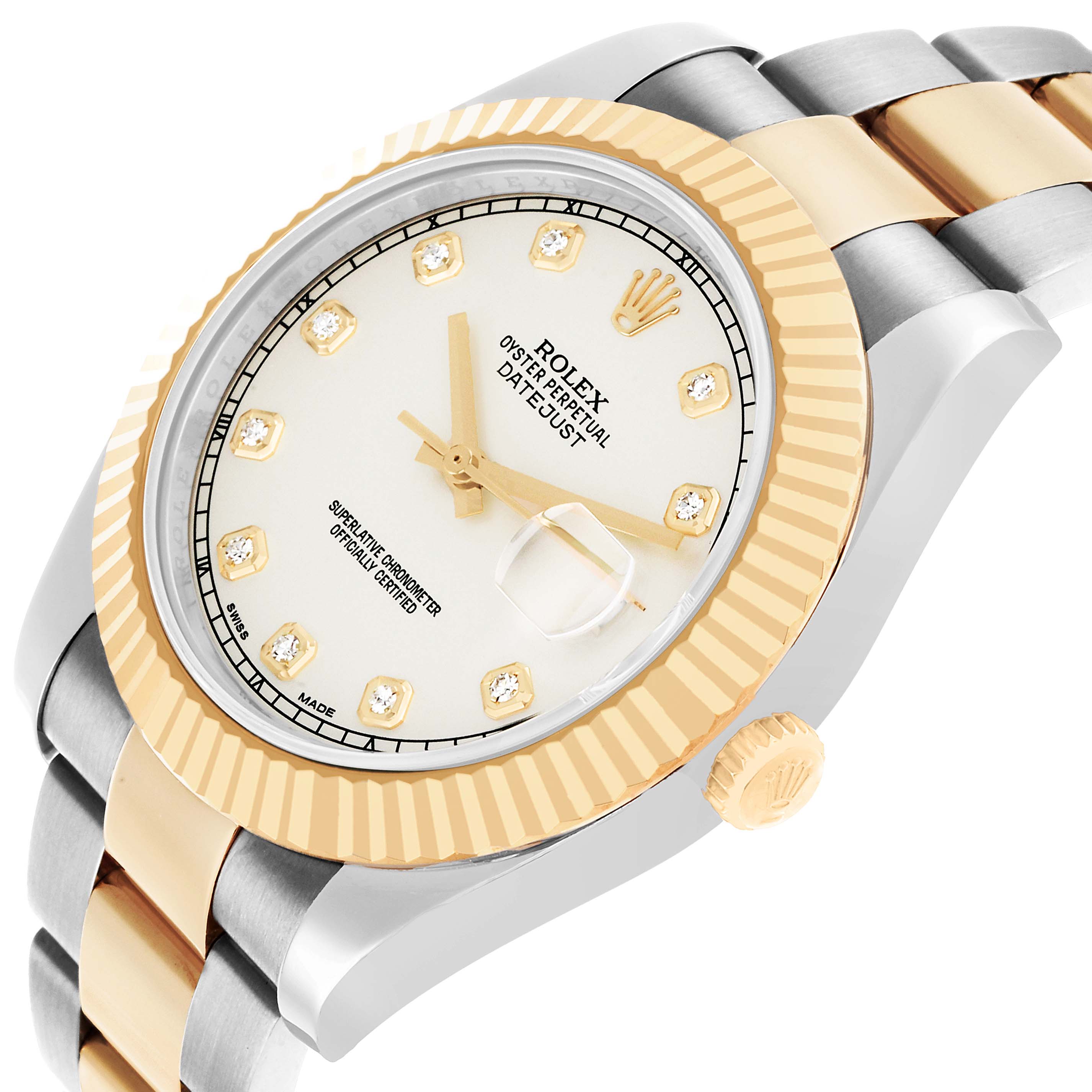 The image shows a Rolex Datejust 41 116333 Men's Steel and Gold (two tone) Silver Dial watch at an angled view, highlighting the bezel, dial, crown, and part of the bracelet.