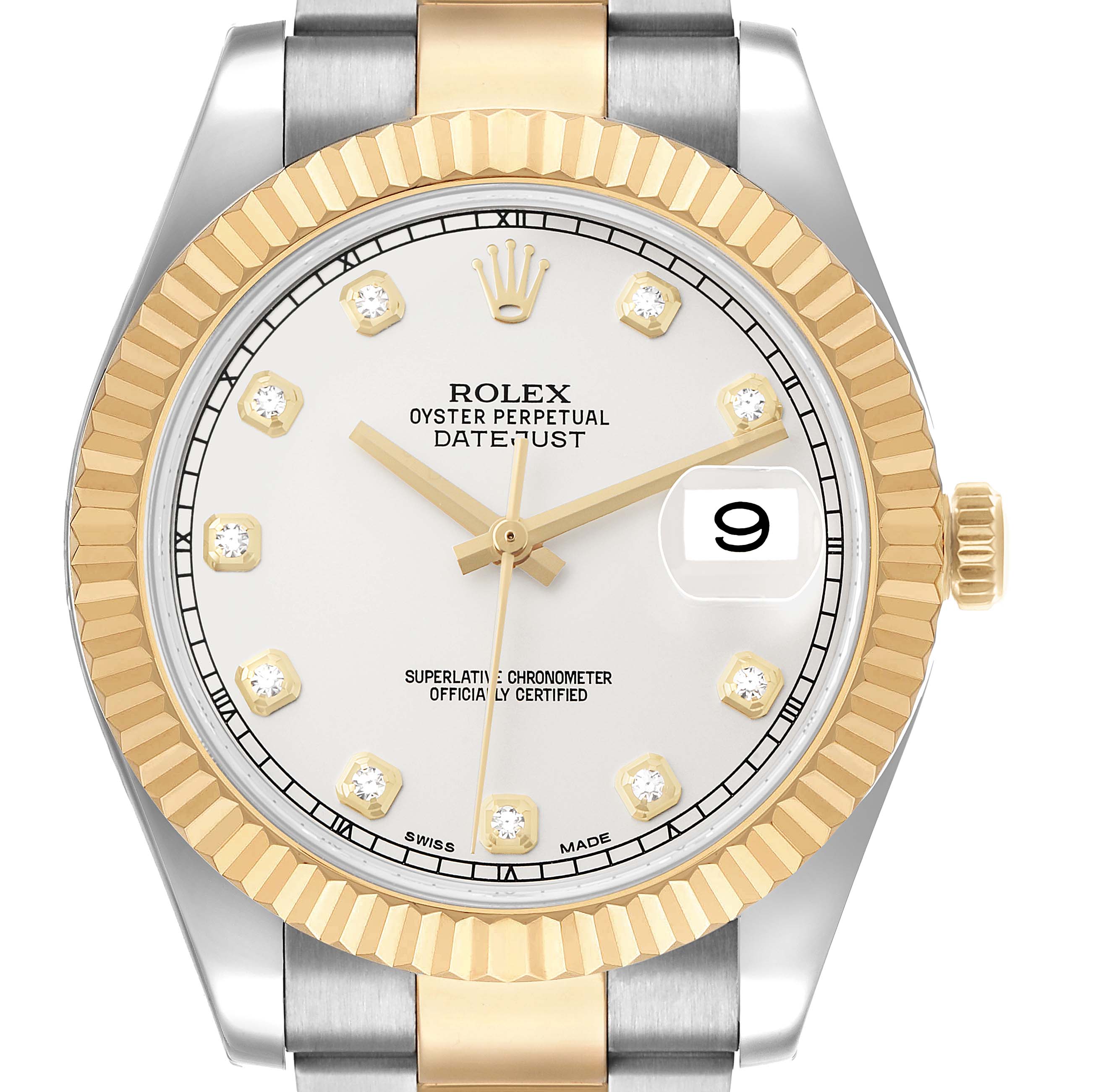 The Rolex Datejust 41 116333 Men's Steel and Gold (two tone) Silver Dial watch is shown from the front, displaying its dial, bezel, and part of the bracelet with a focus on its date window.