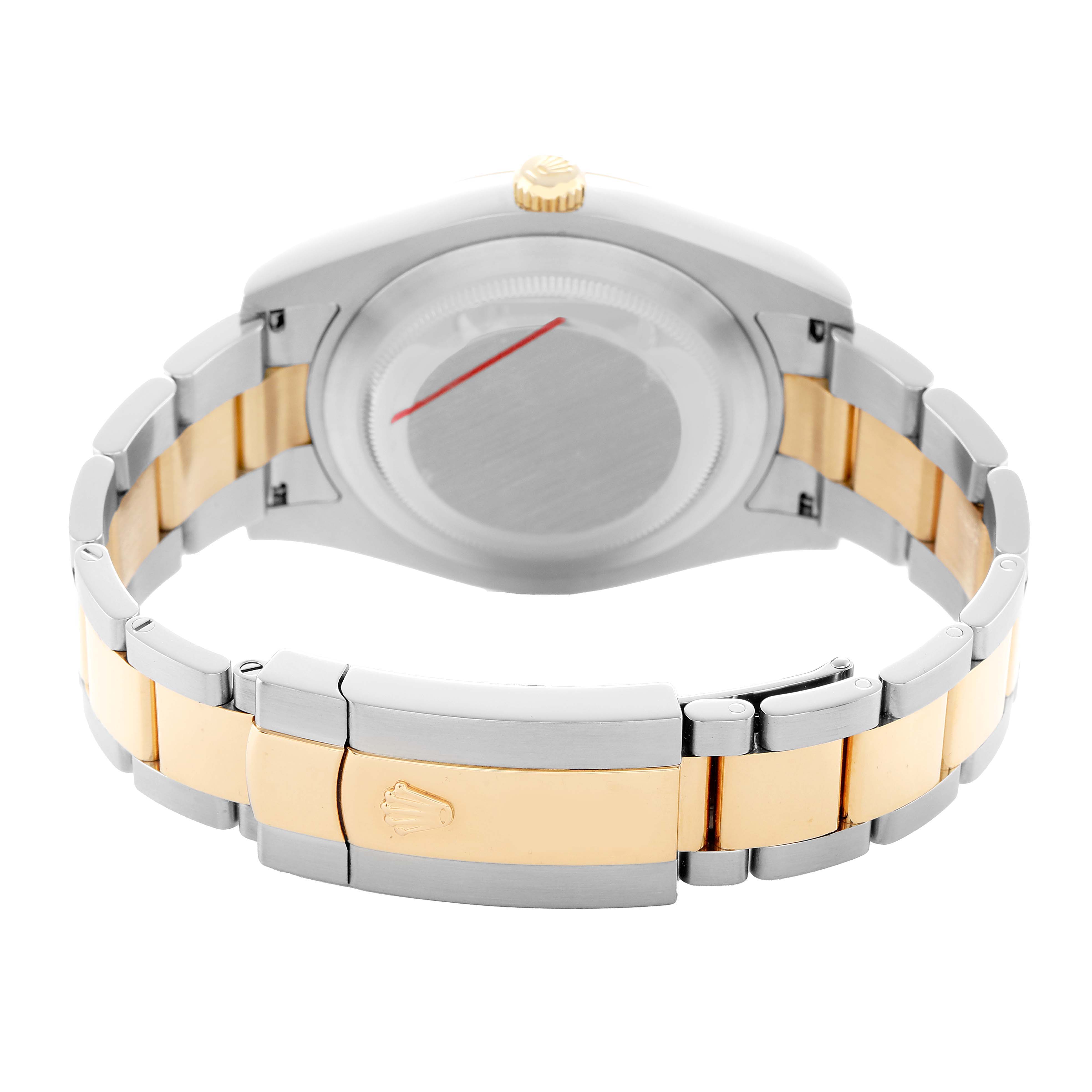 The image shows the back view of a Rolex Datejust 41 116333 Men's Steel and Gold (two tone) Silver Dial, featuring its two-tone bracelet and clasp.