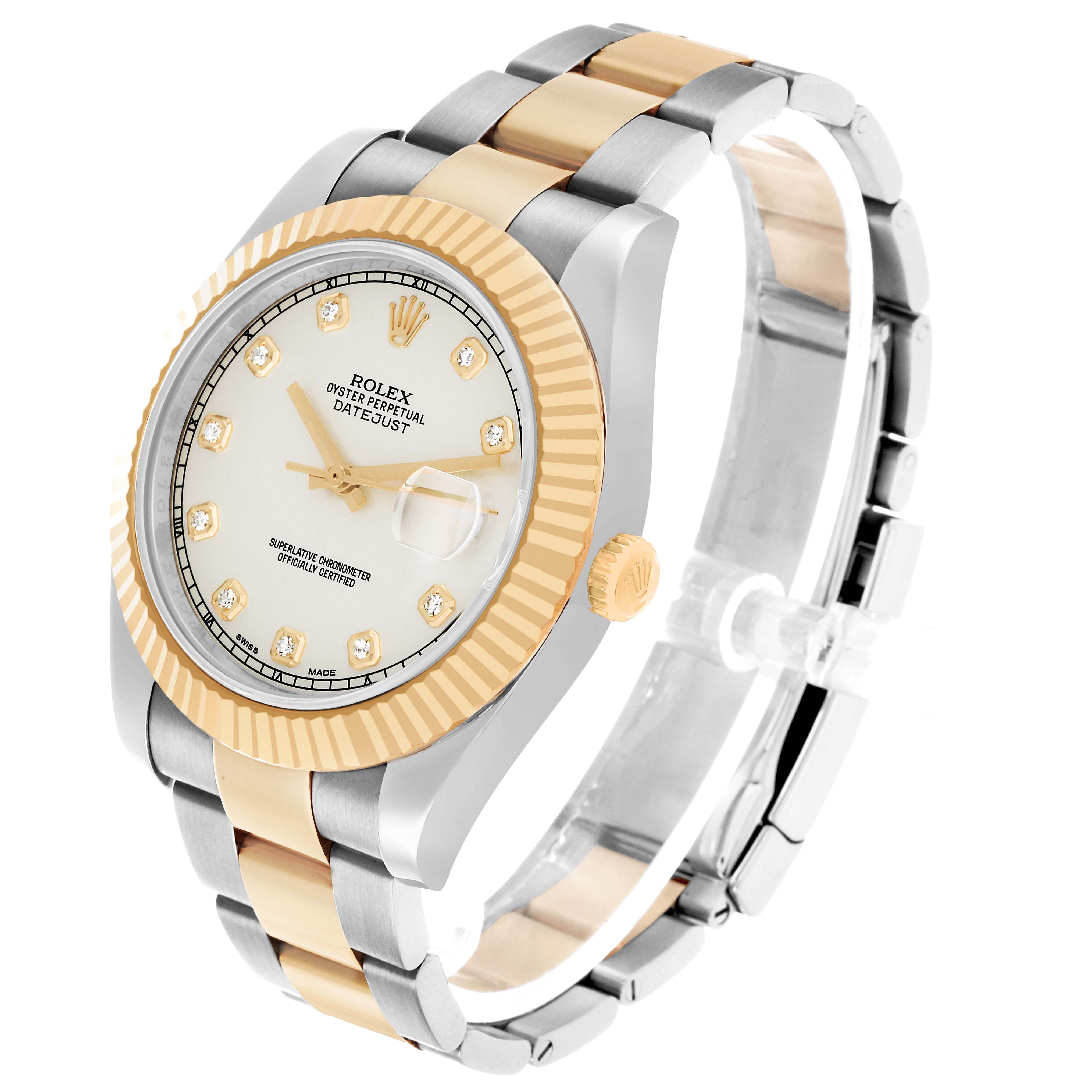 The Rolex Datejust 41 116333 Men's Steel and Gold (two tone) Silver Dial watch is shown at an angled side view, highlighting its two-tone bracelet, fluted bezel, and dial.