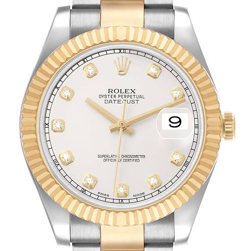 The Rolex Datejust 41 116333 Men's Steel and Gold (two tone) Silver Dial is shown from a front angle, highlighting its gold fluted bezel, dial, and two-tone bracelet.