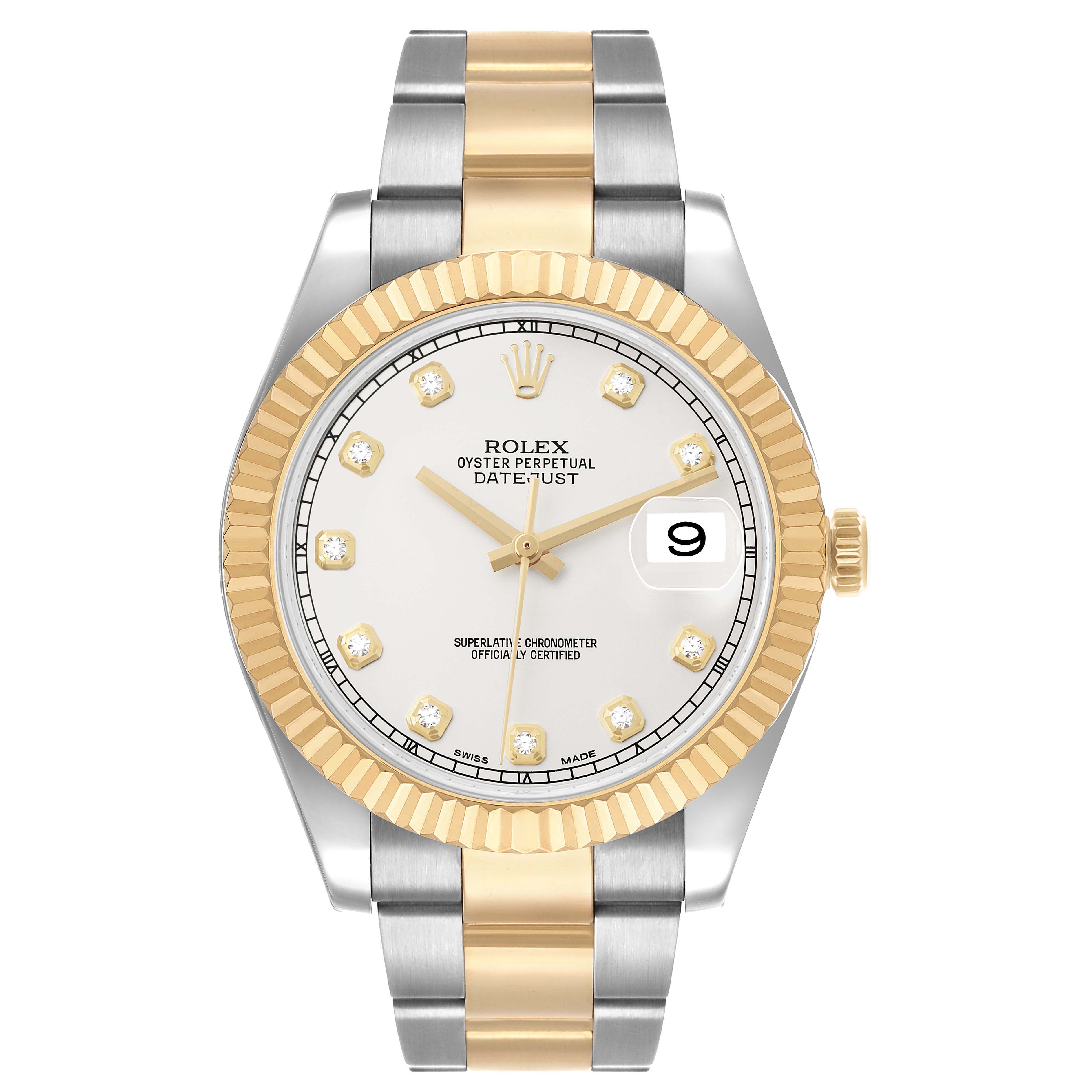 The Rolex Datejust 41 116333 Men's Steel and Gold (two tone) Silver Dial is shown from the front, displaying the dial, bezel, and bracelet clearly.