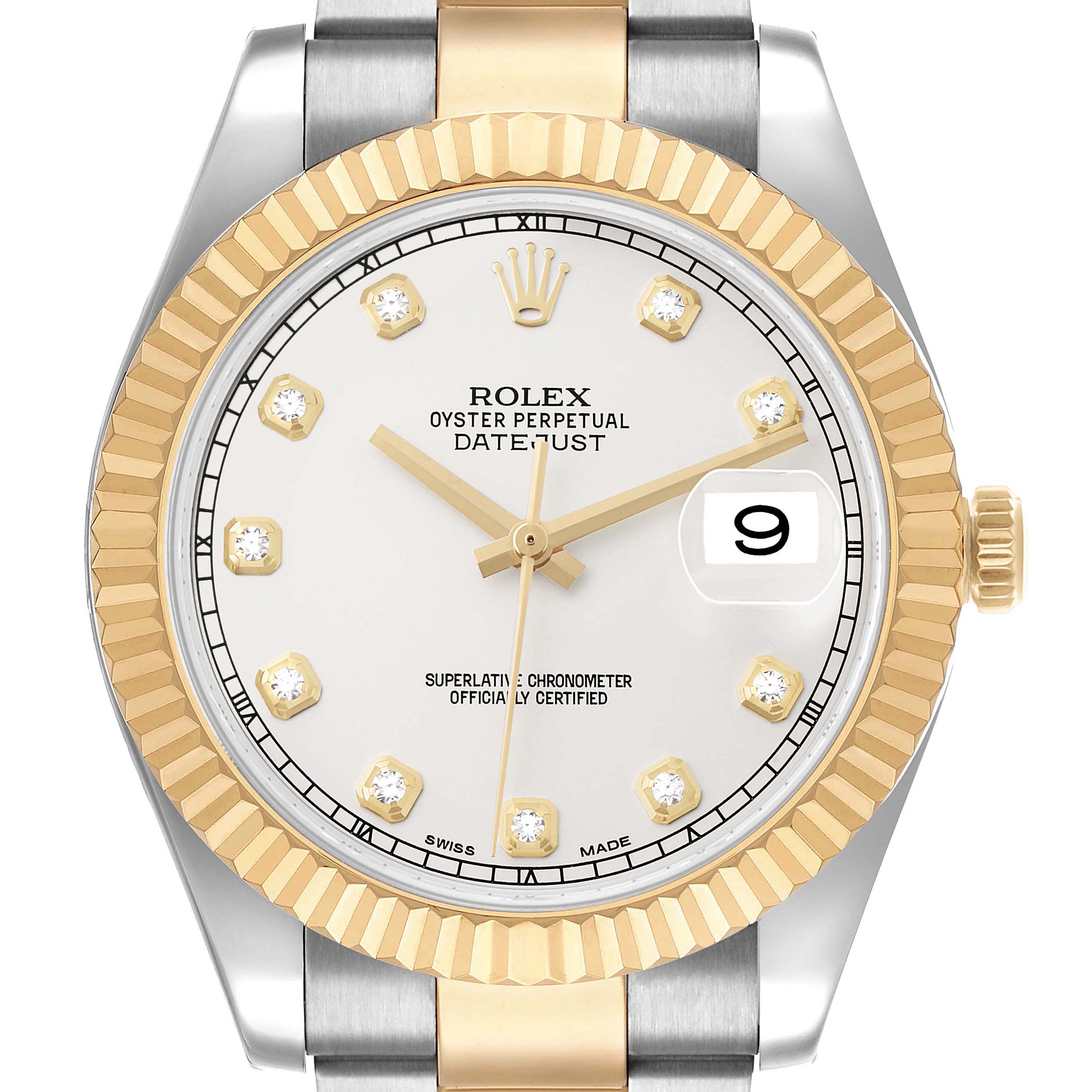 The Rolex Datejust 41 116333 Men's Steel and Gold (two tone) Silver Dial is shown from the front, highlighting its fluted bezel, gold hour markers, and date window.