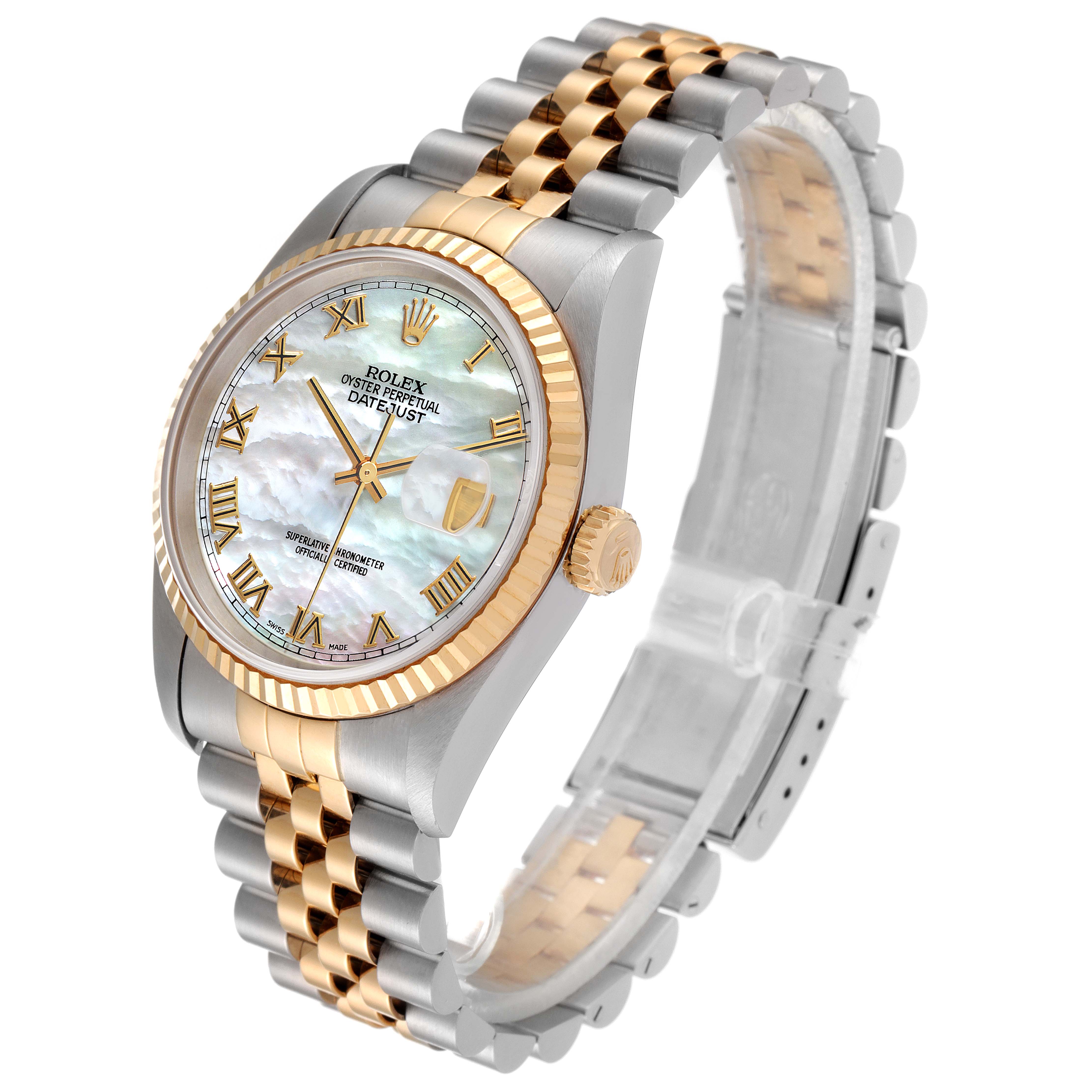 The image shows a Rolex Datejust 16233 Men's Steel and Gold (two tone) Mother of Pearl Dial 16233 Men's Steel and Gold (two tone) Mother of Pearl Dial watch at an angle emphasizing its face, bezel, crown, and bracelet.