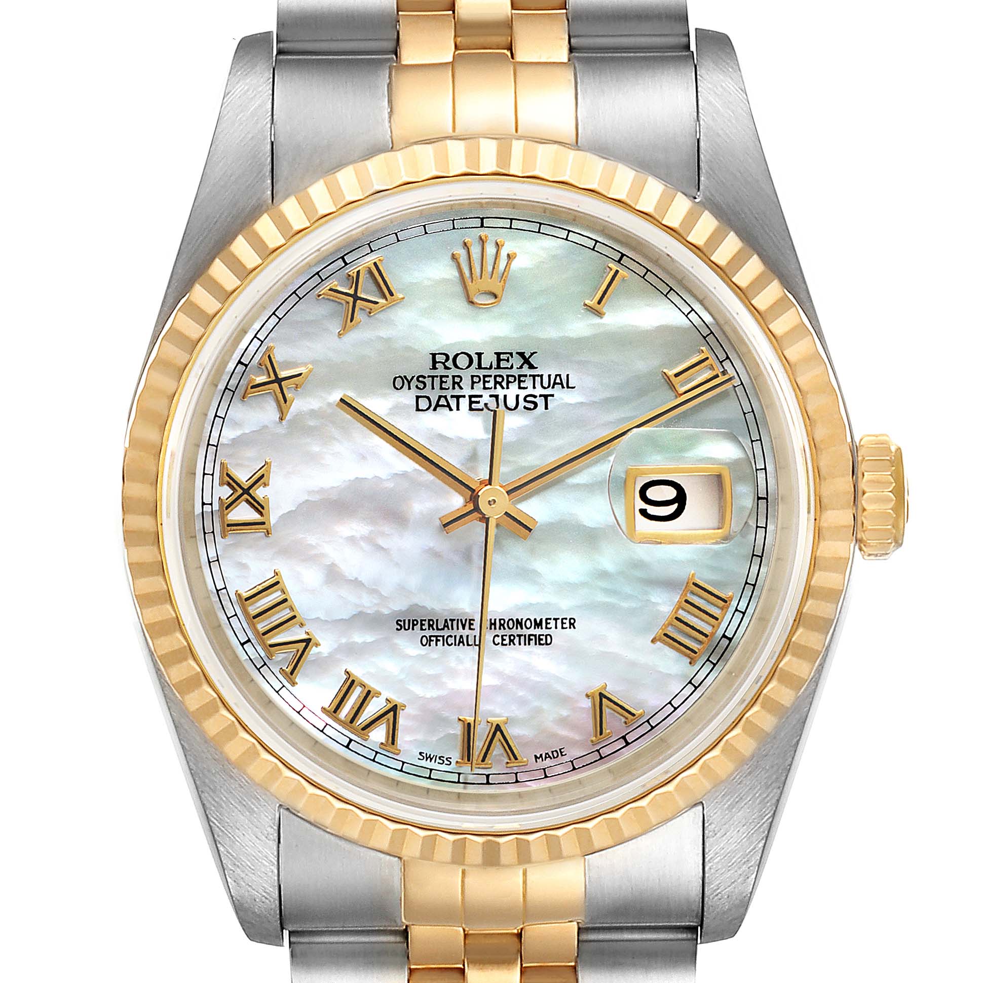 This image shows a front view of a Rolex Datejust 16233 Men's Steel and Gold (two tone) Mother of Pearl Dial 16233 Men's Steel and Gold (two tone) Mother of Pearl Dial watch, featuring the dial, bezel, and part of the bracelet.