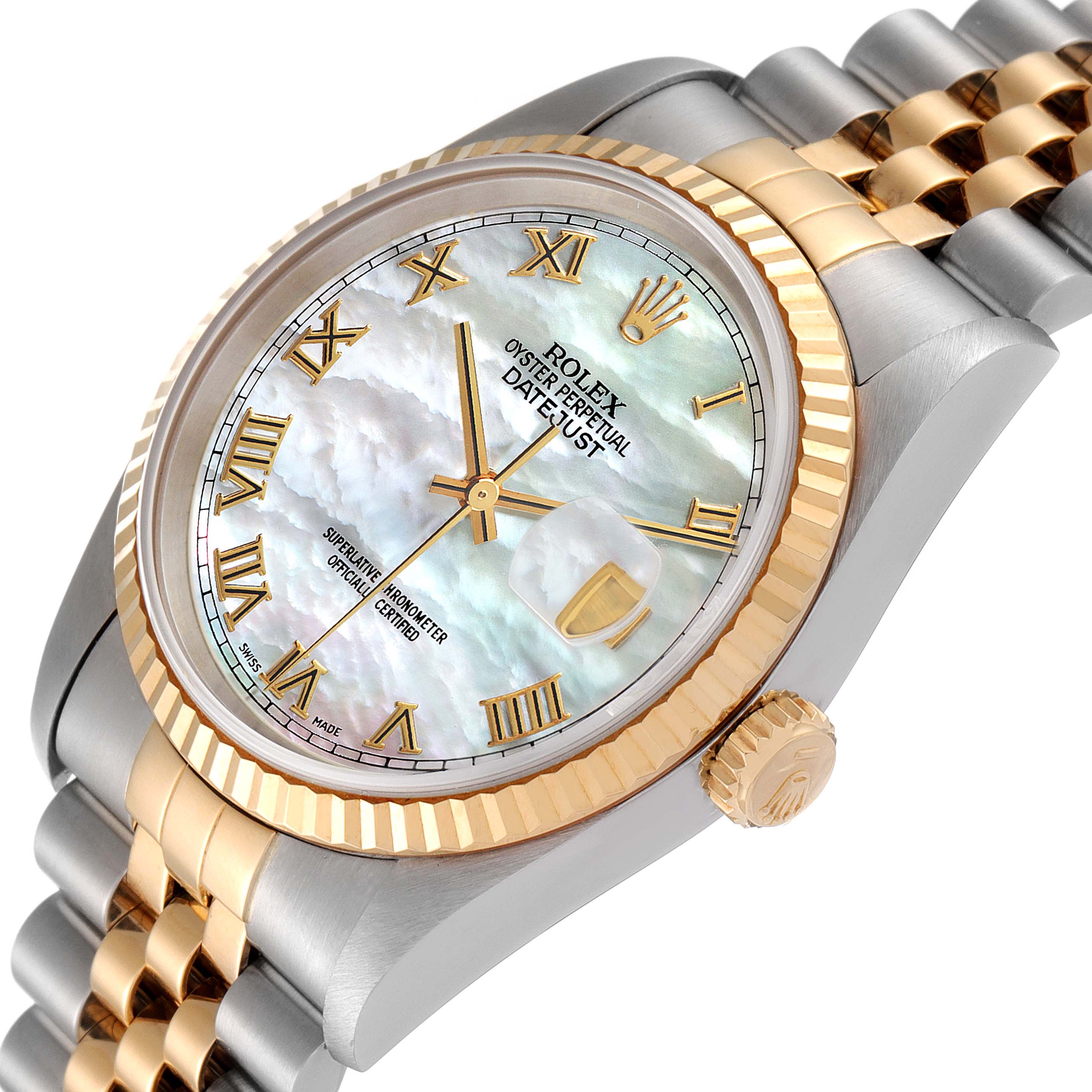 The image shows a close-up side angle of the Rolex Datejust 16233 Men's Steel and Gold (two tone) Mother of Pearl Dial 16233 Men's Steel and Gold (two tone) Mother of Pearl Dial watch, highlighting its dial, bezel, and part of the bracelet.