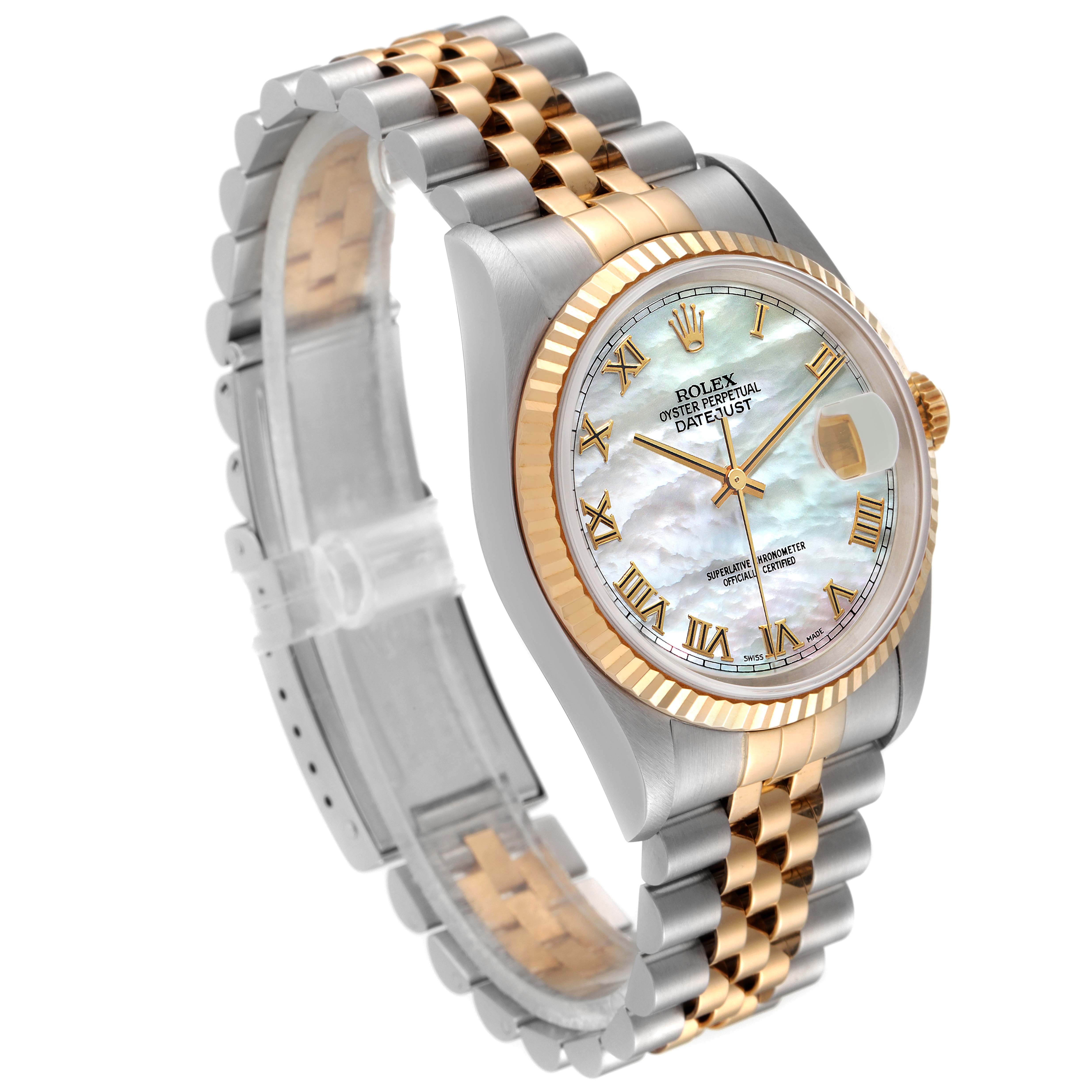 The Rolex Datejust 16233 Men's Steel and Gold (two tone) Mother of Pearl Dial 16233 Men's Steel and Gold (two tone) Mother of Pearl Dial watch is shown at an angle displaying its two-tone bracelet, mother-of-pearl dial, and gold fluted bezel.