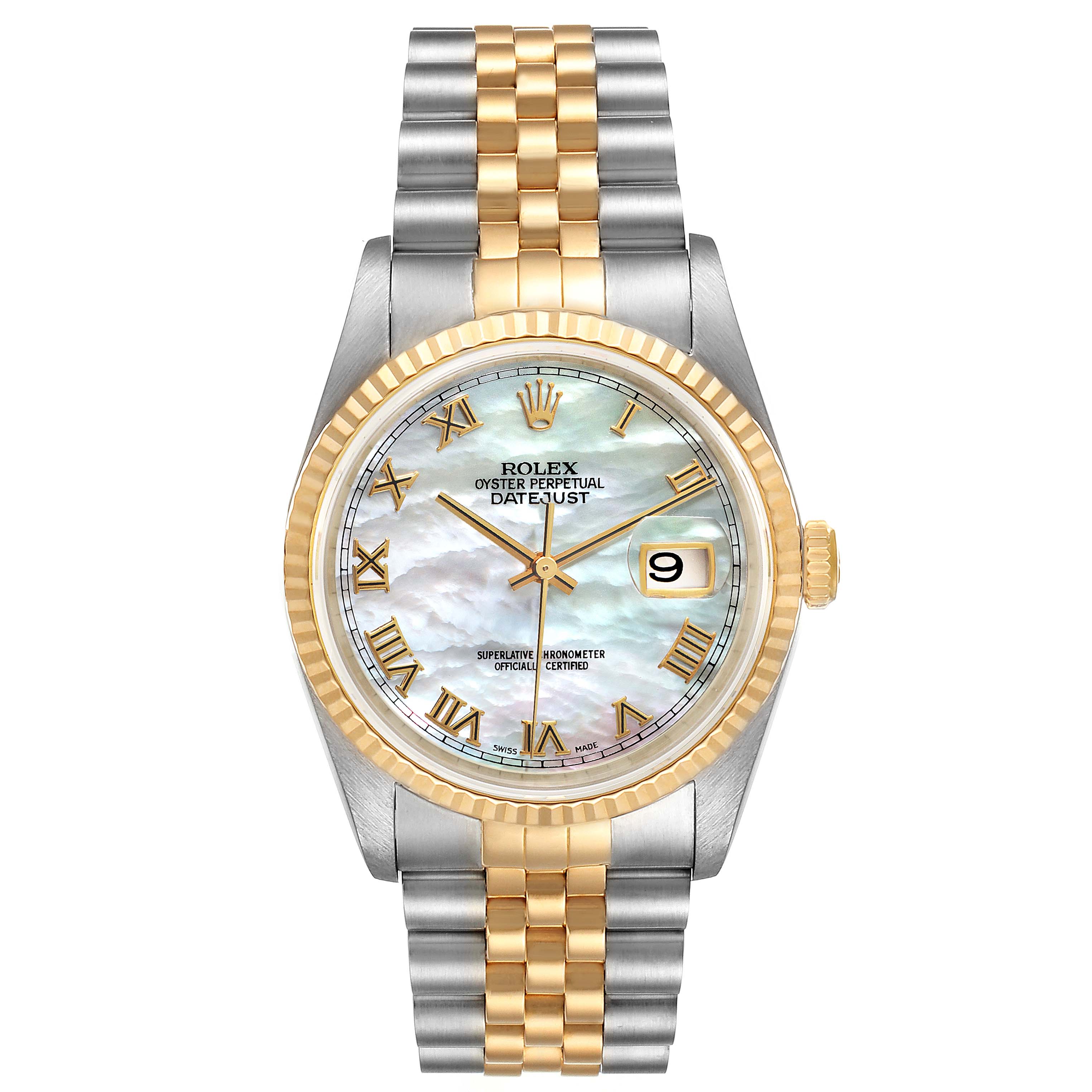 This image shows a front view of a Rolex Datejust 16233 Men's Steel and Gold (two tone) Mother of Pearl Dial 16233 Men's Steel and Gold (two tone) Mother of Pearl Dial watch, including its face, bezel, and two-tone bracelet.