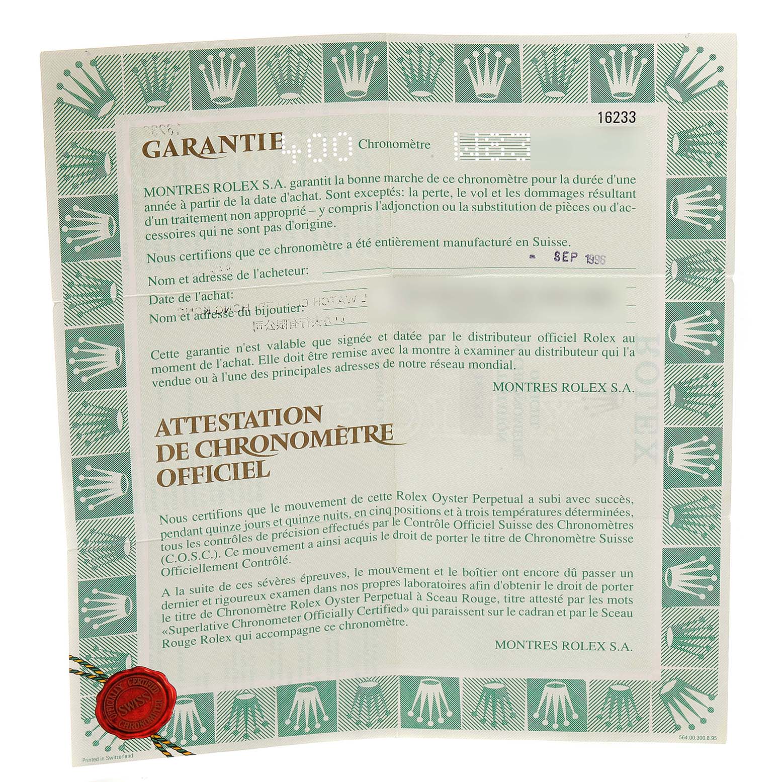 The image shows an official chronometer certificate for the Rolex Datejust 16233 Men's Steel and Gold (two tone) Mother of Pearl Dial 16233 Men's Steel and Gold (two tone) Mother of Pearl Dial model, featuring warranty details and a decorative border. 