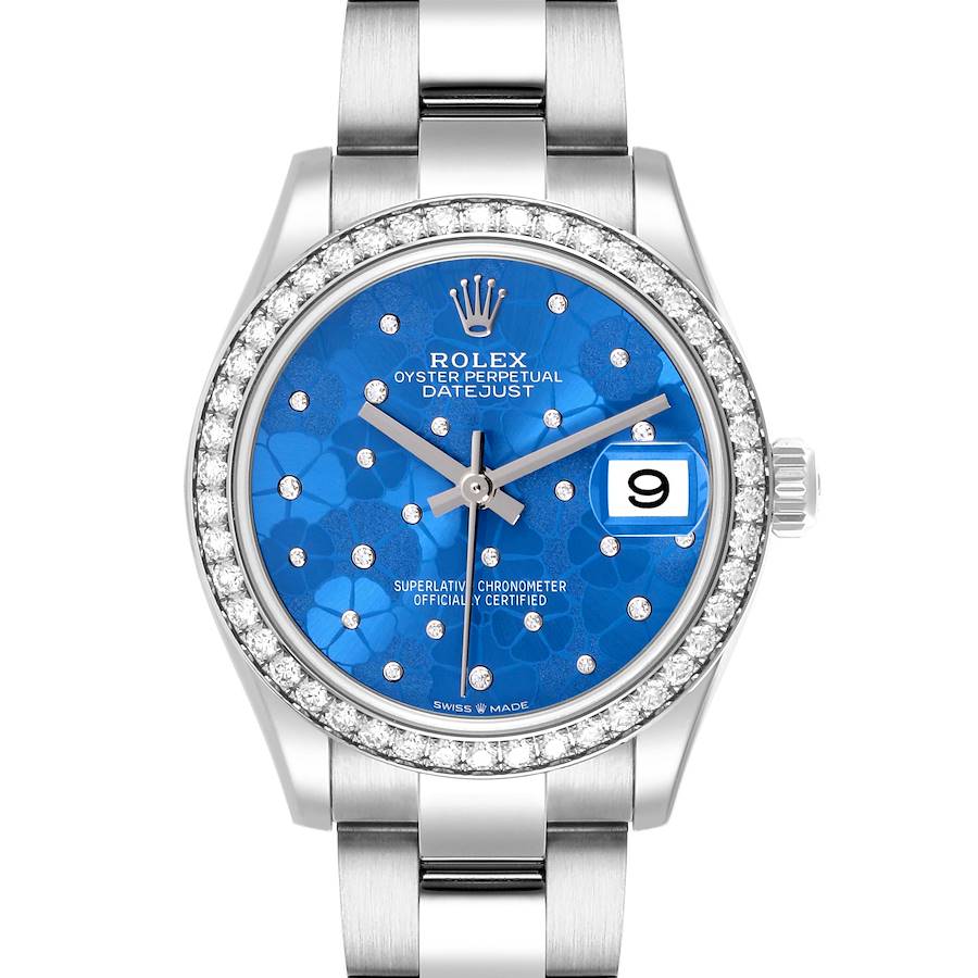 The image shows a front view of a Rolex Mid-Size Datejust with a blue dial and diamond bezel.