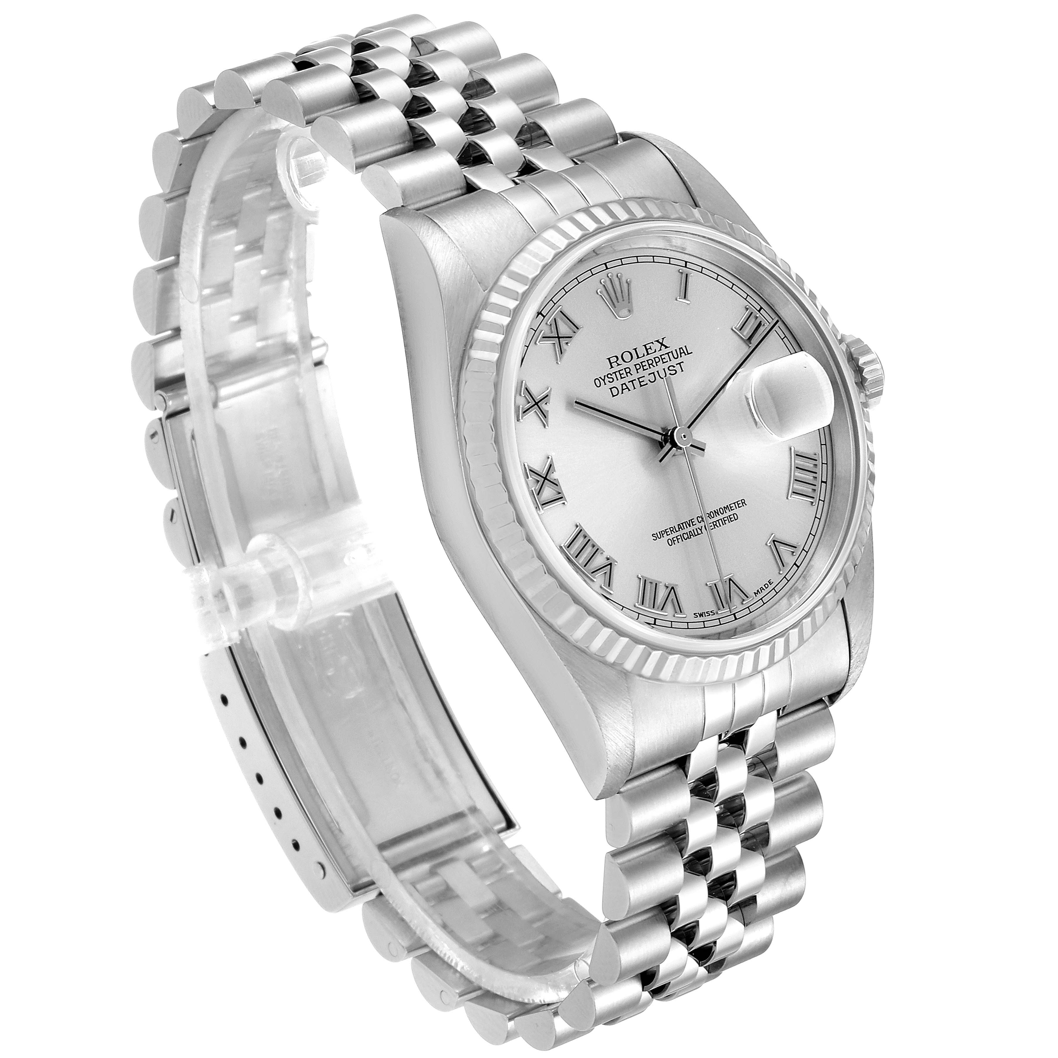 The image shows a Rolex Datejust 16234 Men's Stainless Steel Silver Dial 16234 Men's Stainless Steel Silver Dial watch at an angled view highlighting its face and metal bracelet.