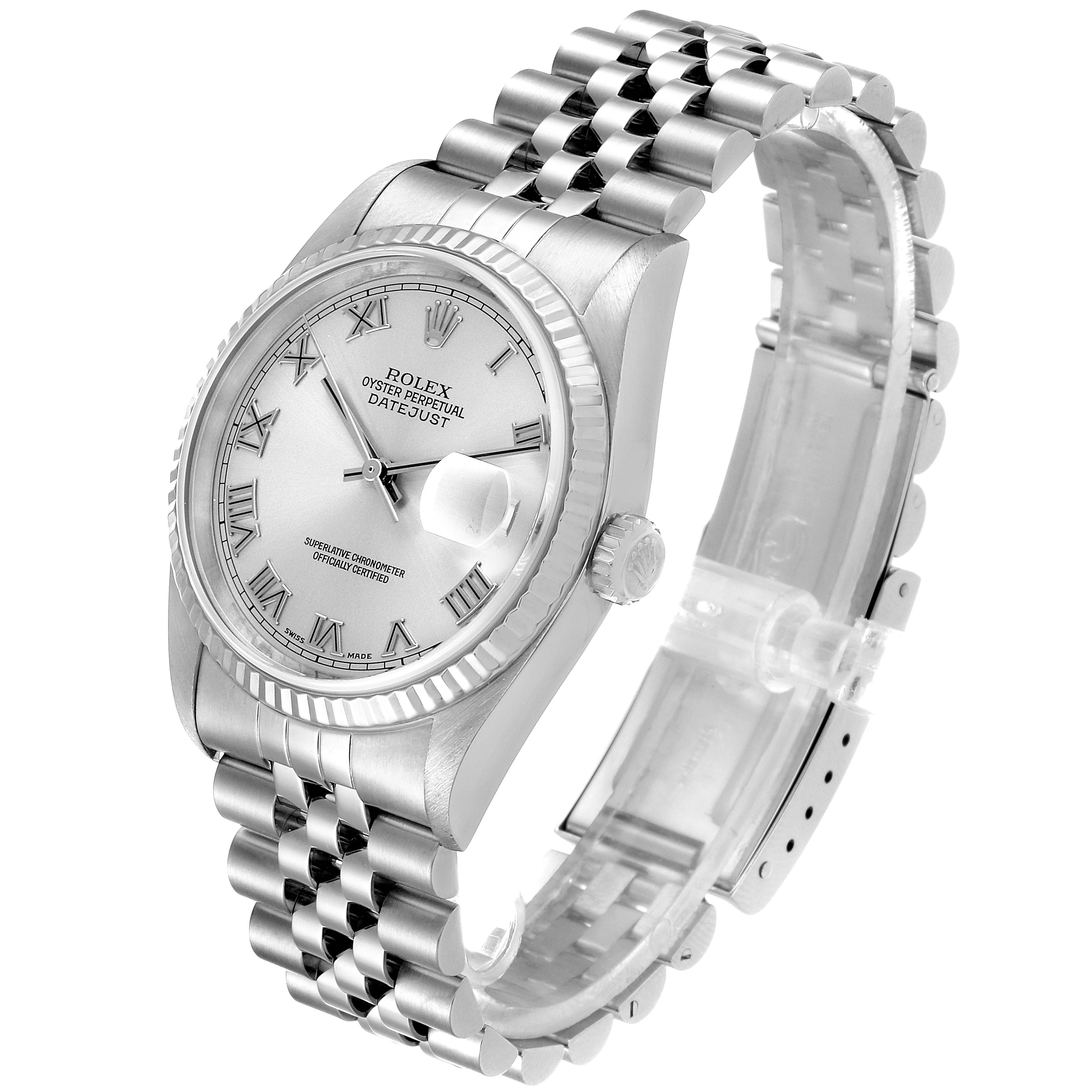 This image shows a Rolex Datejust 16234 Men's Stainless Steel Silver Dial 16234 Men's Stainless Steel Silver Dial watch from a front-left angle, displaying its face, bezel, crown, and bracelet.