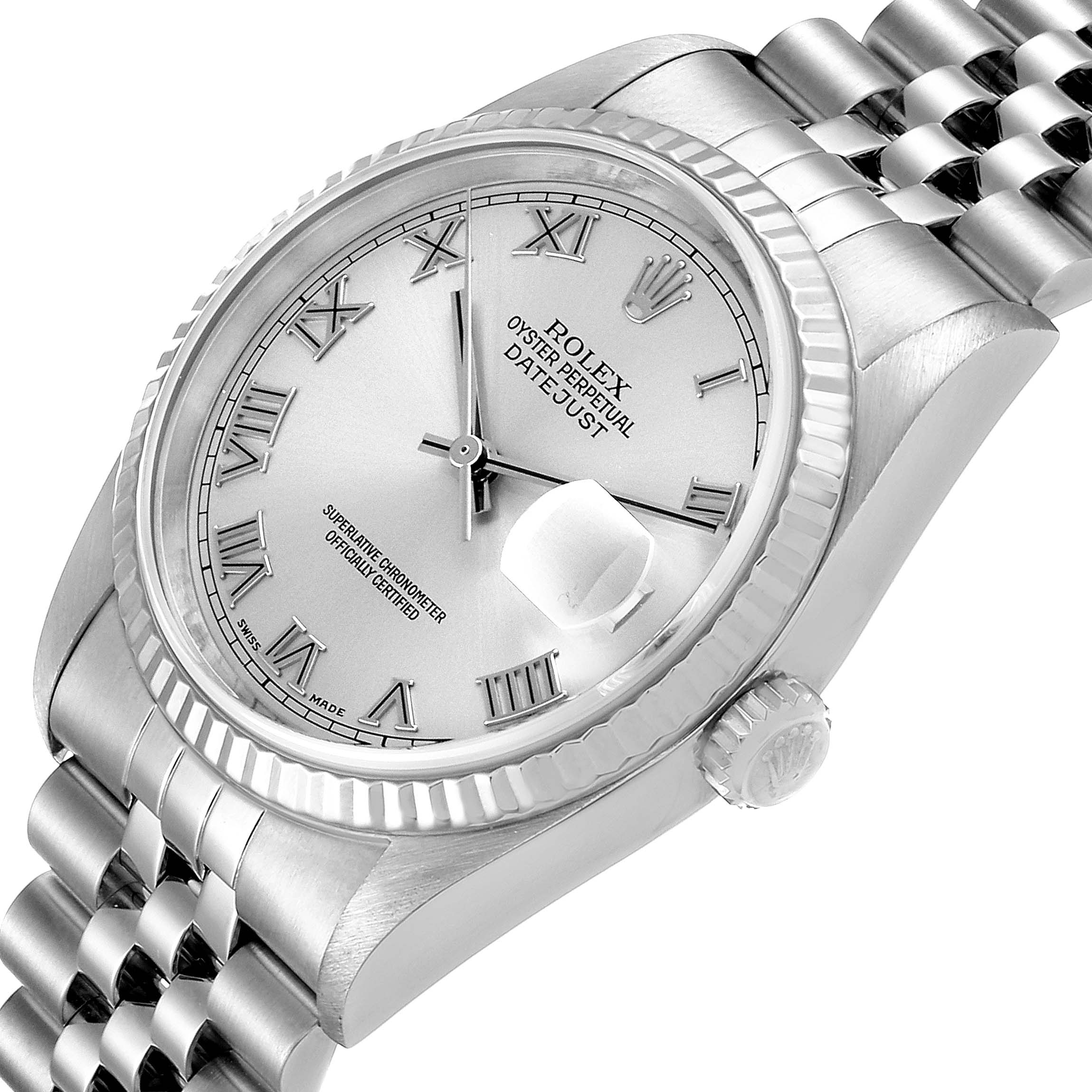 The image shows a close-up view of the Rolex Datejust 16234 Men's Stainless Steel Silver Dial 16234 Men's Stainless Steel Silver Dial watch, highlighting its dial, bezel, crown, and bracelet at an angled perspective.