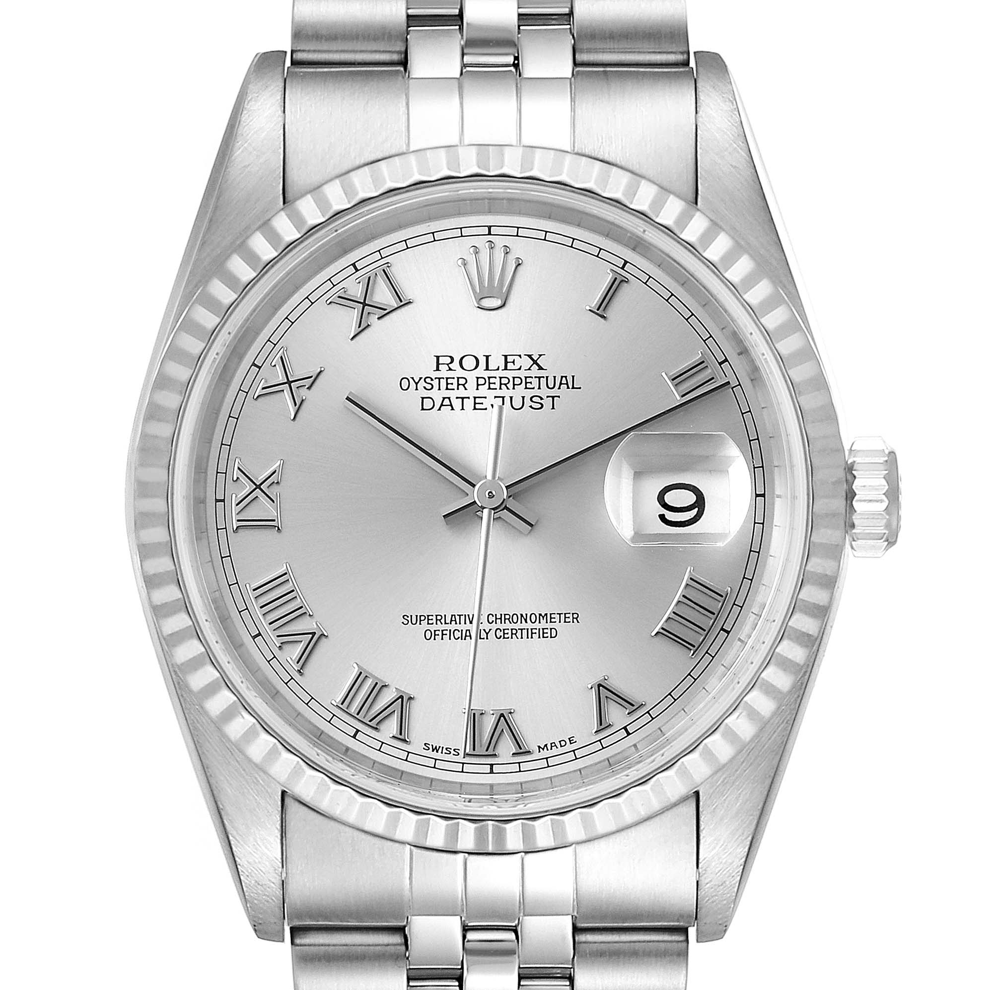 This image shows a front view of a Rolex Datejust 16234 Men's Stainless Steel Silver Dial 16234 Men's Stainless Steel Silver Dial watch, highlighting the dial, hands, date window, and part of the bracelet.