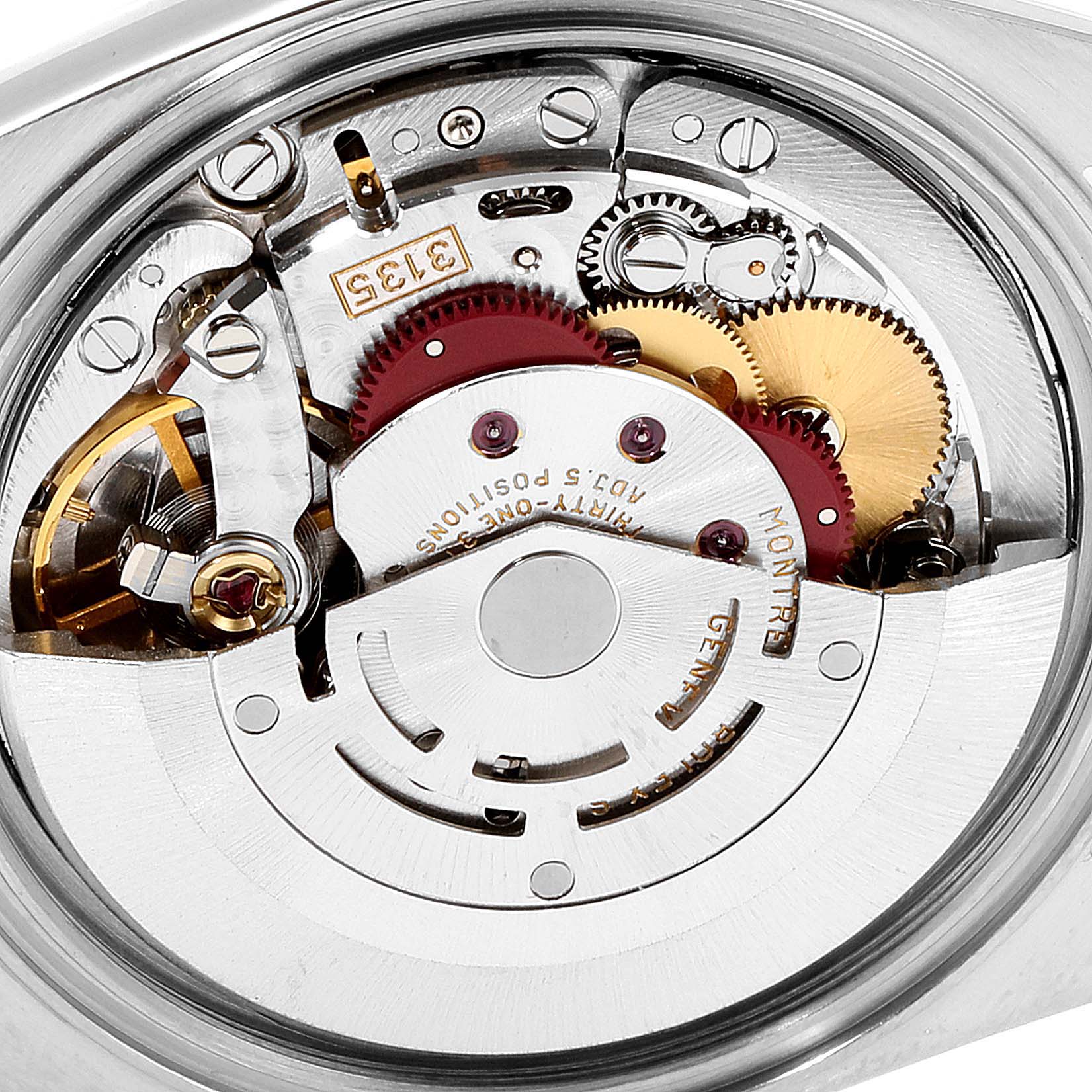 This image shows a close-up view of the Rolex Datejust 16234 Men's Stainless Steel Silver Dial 16234 Men's Stainless Steel Silver Dial watch movement, showcasing its intricate internal components.