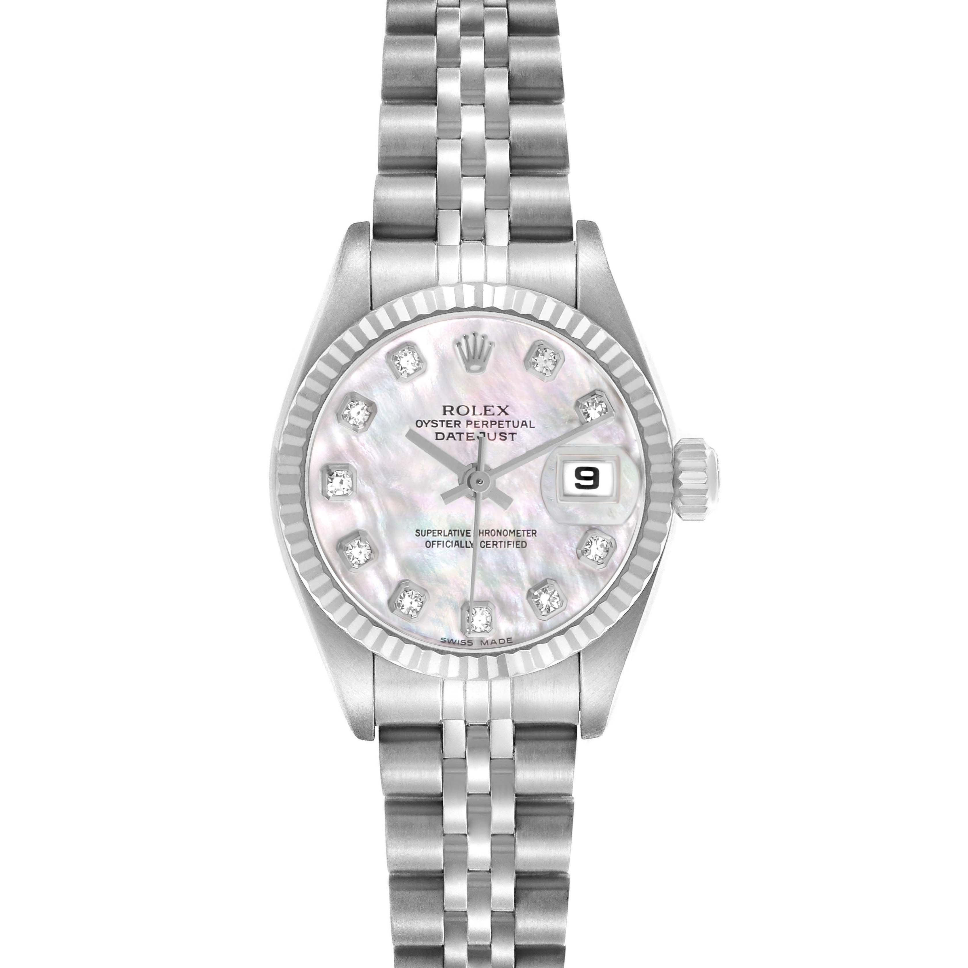 The Rolex Datejust 79174 Women's Stainless Steel Mother of Pearl Dial watch is shown from a front angle, displaying the face, bezel, and bracelet.