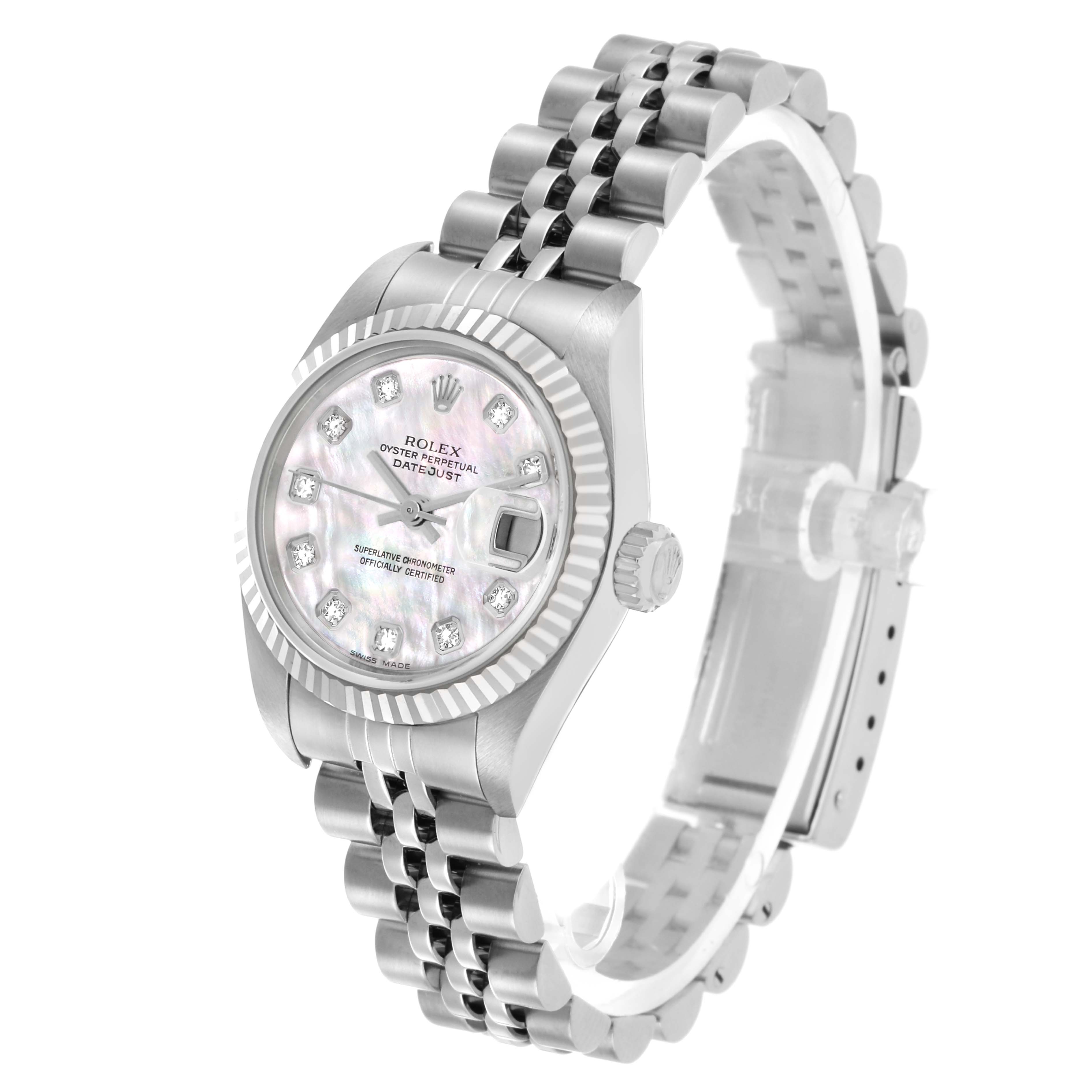 The Rolex Datejust 79174 Women's Stainless Steel Mother of Pearl Dial watch is shown at a three-quarter angle, displaying its face, bracelet, and crown.