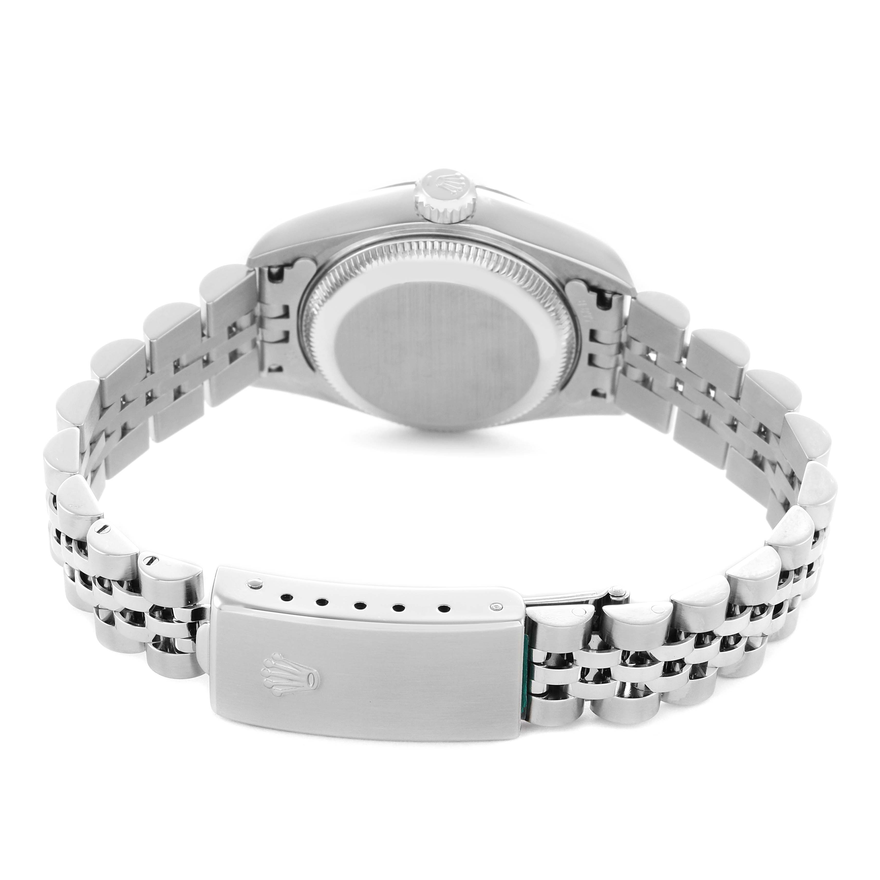 This image shows the back of a Rolex Datejust 79174 Women's Stainless Steel Mother of Pearl Dial watch, highlighting the case back, crown, and the bracelet with the clasp.