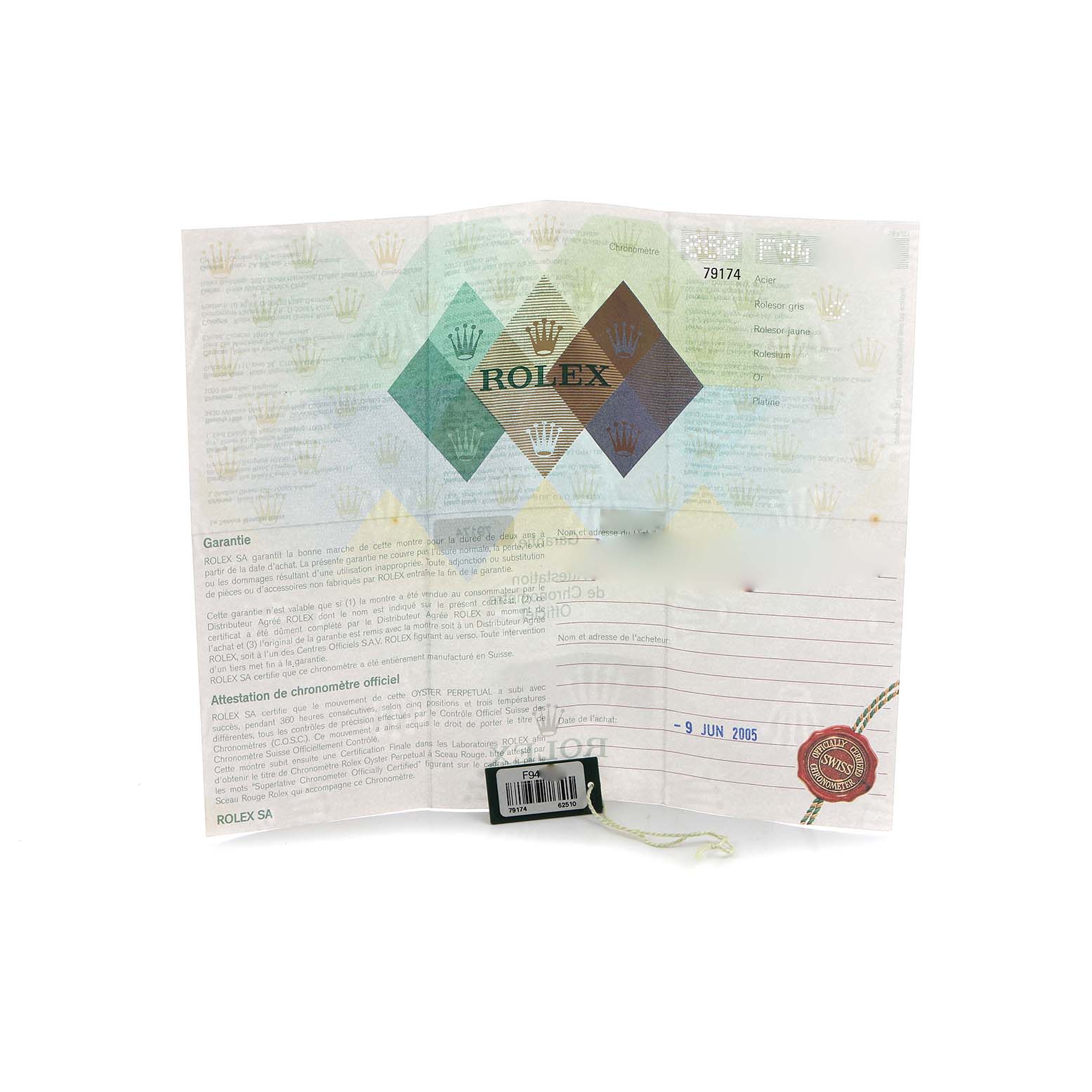 The image shows the warranty and certification papers for a Rolex Datejust 79174 Women's Stainless Steel Mother of Pearl Dial watch.