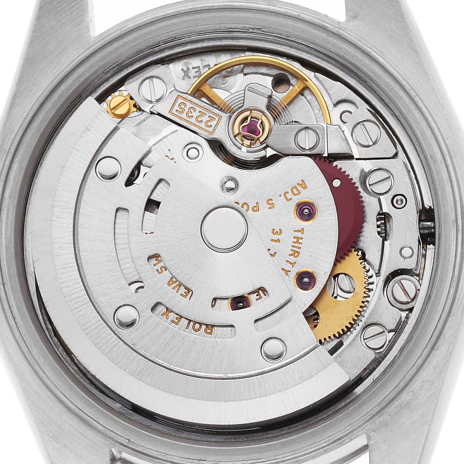 The image shows the movement of a Rolex Datejust 79174 Women's Stainless Steel Mother of Pearl Dial watch from a top-down angle, highlighting its intricate mechanical components.