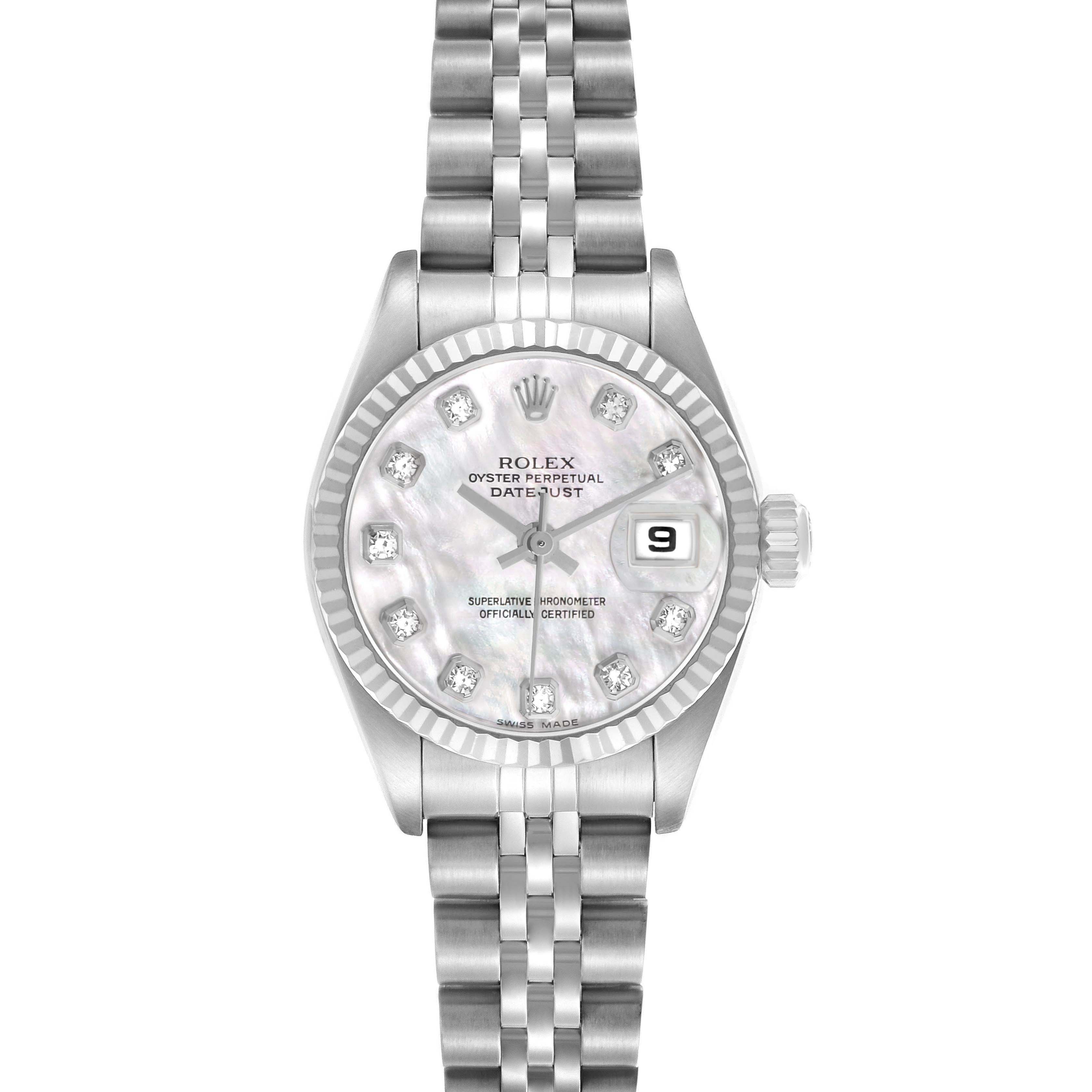 The Rolex Datejust 79174 Women's Stainless Steel Mother of Pearl Dial watch is shown from a top view, highlighting the dial, bezel, and bracelet.