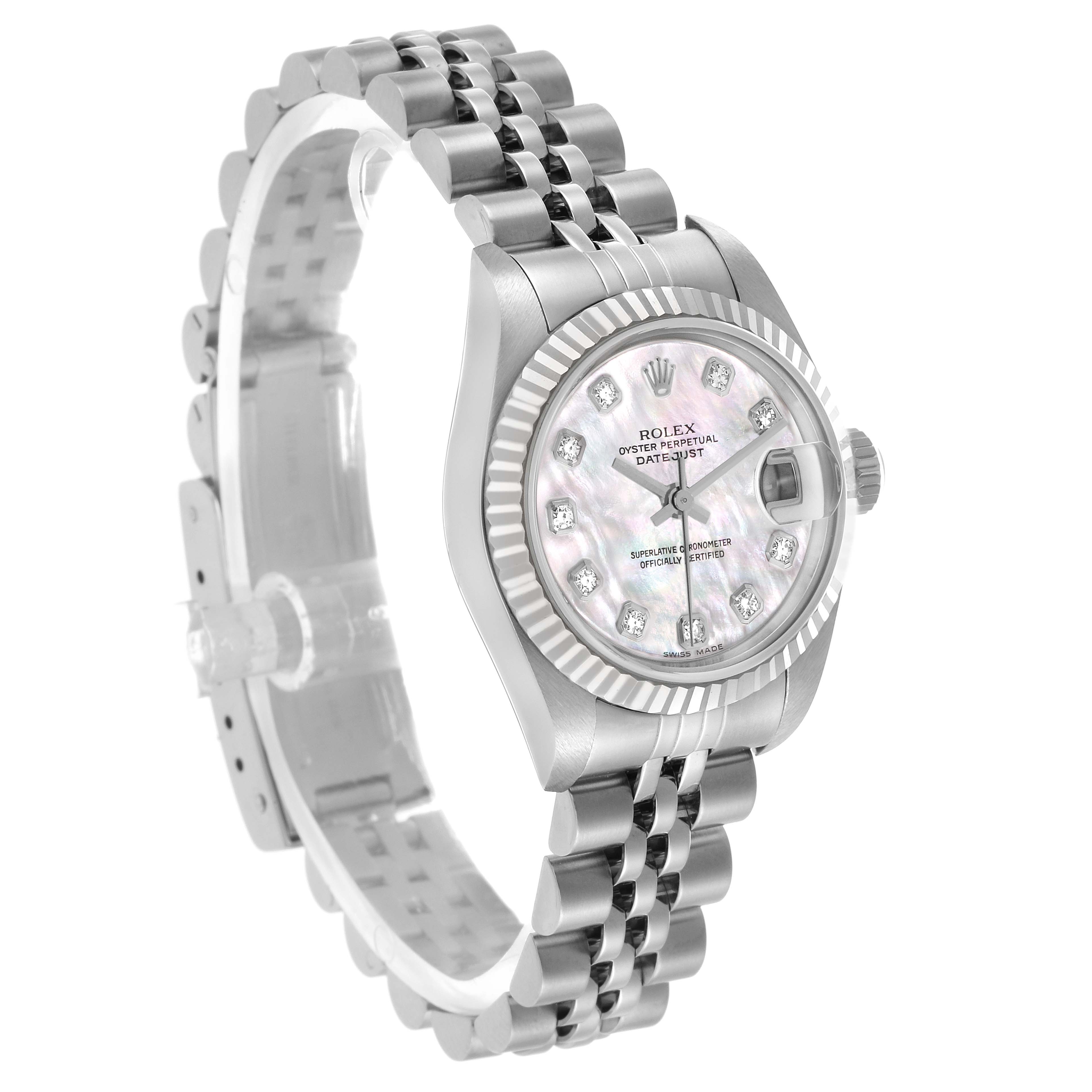 The Rolex Datejust 79174 Women's Stainless Steel Mother of Pearl Dial watch is shown at a slight side angle, highlighting the bracelet, bezel, and face.