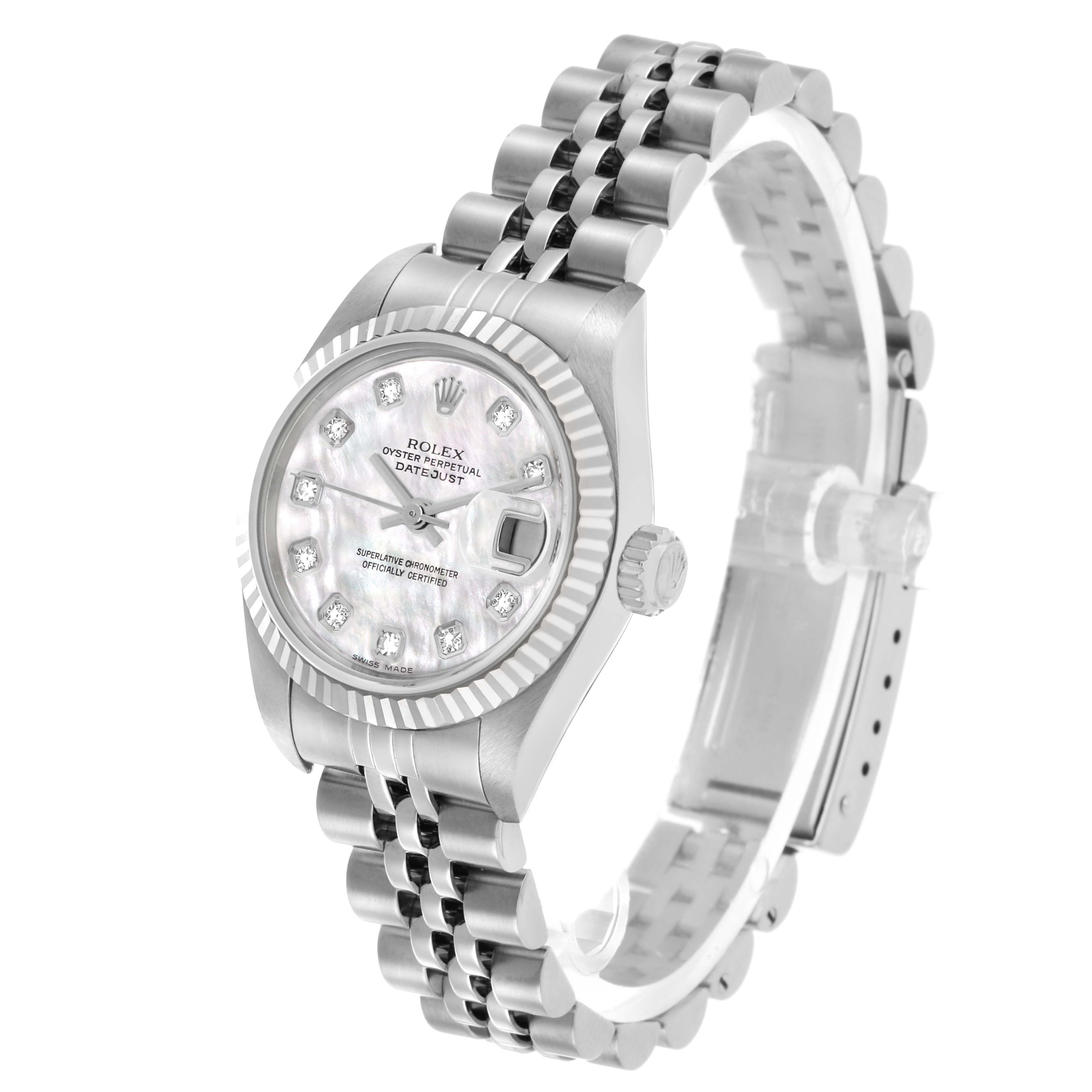 The Rolex Datejust 79174 Women's Stainless Steel Mother of Pearl Dial watch is shown at an angled view, highlighting the face, bezel, and bracelet.