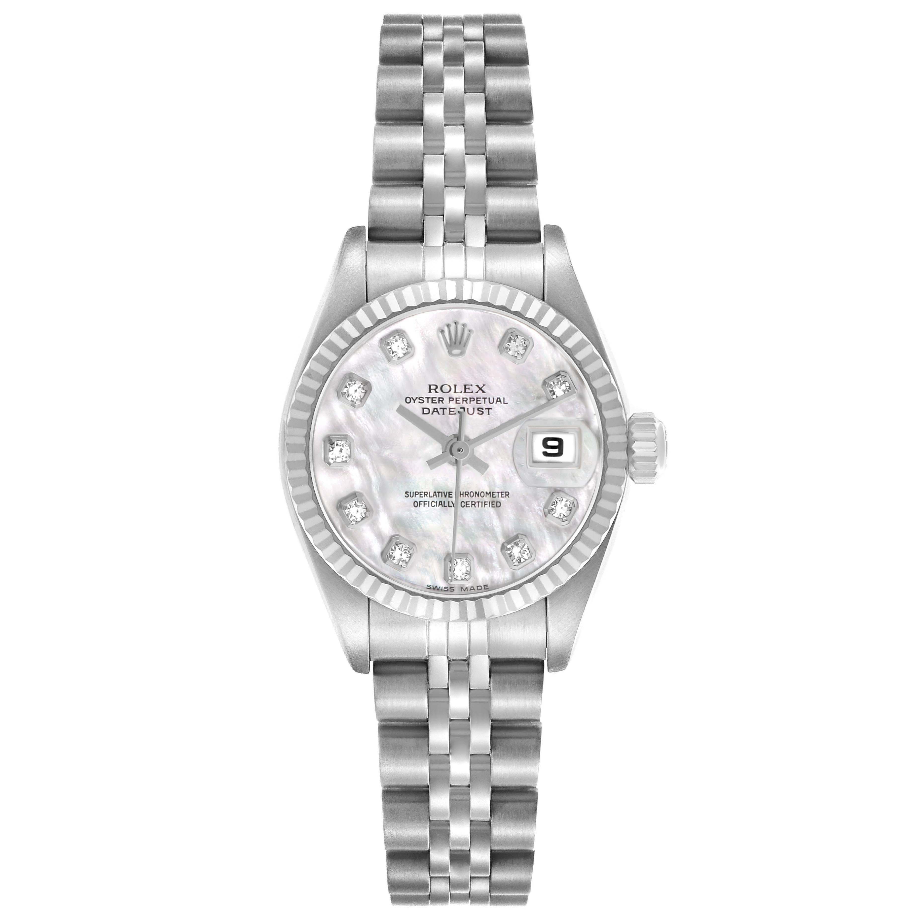 The Rolex Datejust 79174 Women's Stainless Steel Mother of Pearl Dial watch is shown from a top view, displaying the face, bezel, dial, and bracelet.