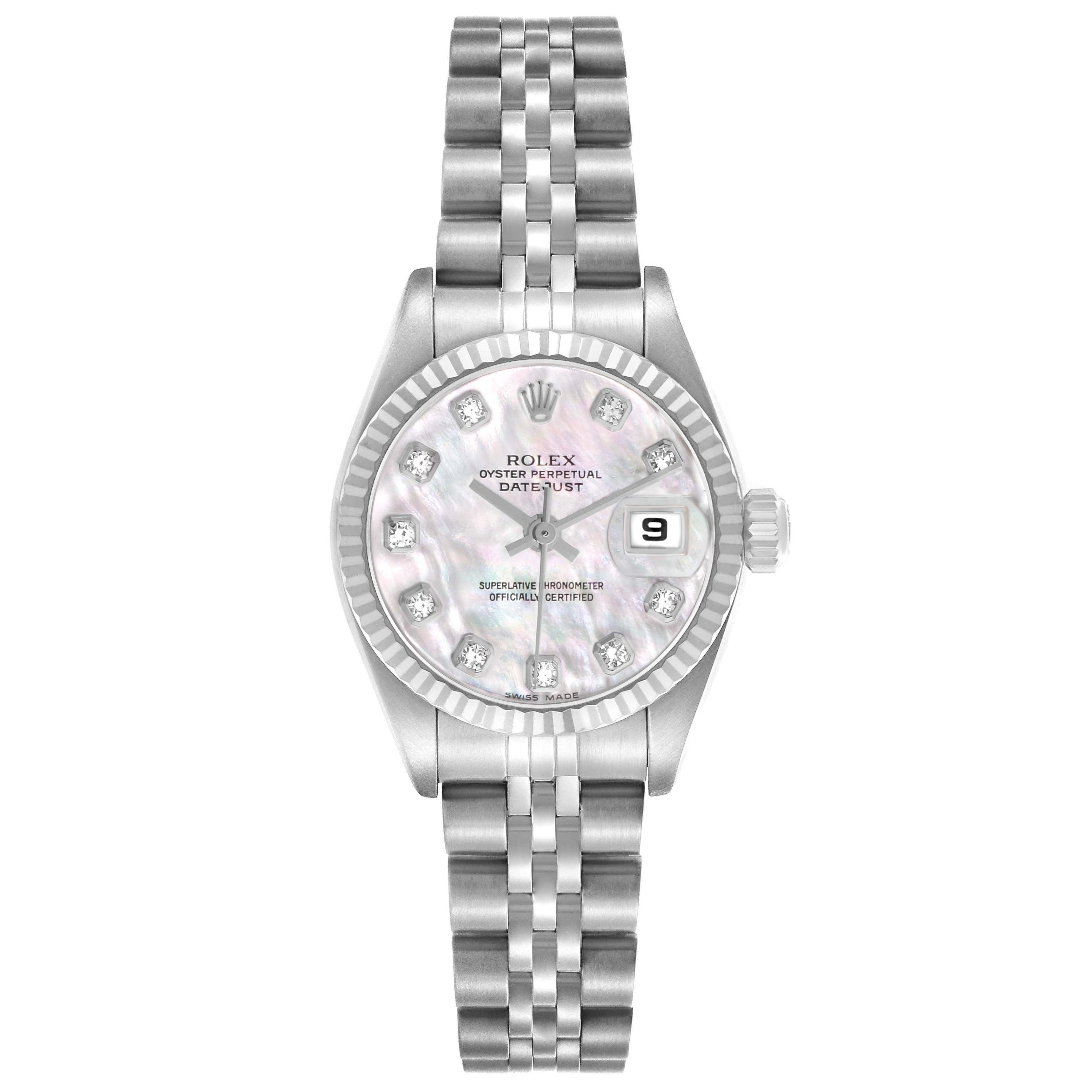 The Rolex Datejust 79174 Women's Stainless Steel Mother of Pearl Dial is shown from a top-down angle, displaying the dial, bezel, and bracelet details.