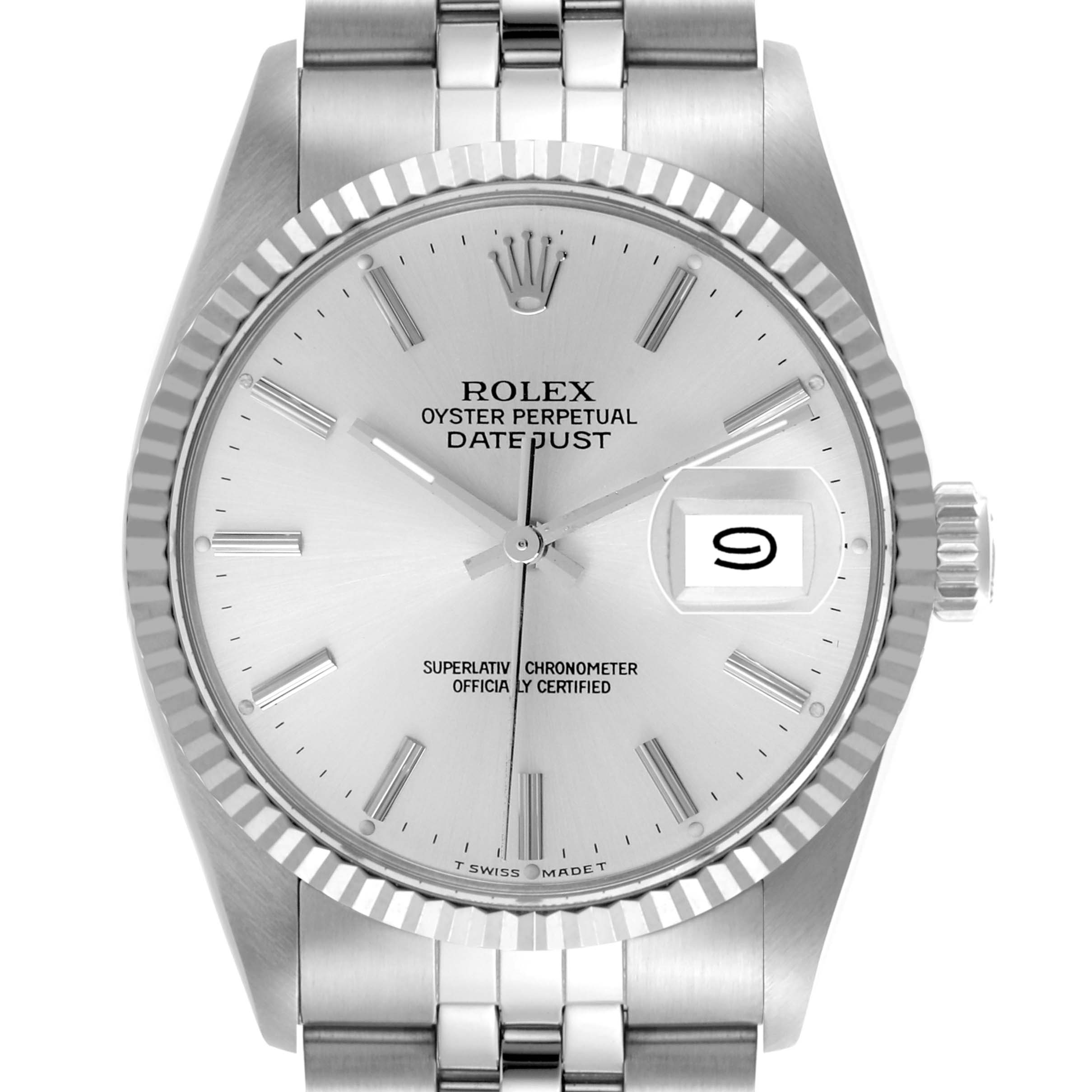 The Rolex Datejust 16014 Men's Stainless Steel Silver Dial 16014 Men's Stainless Steel Silver Dial watch is shown from a front angle, highlighting the dial, bracelet, and fluted bezel.