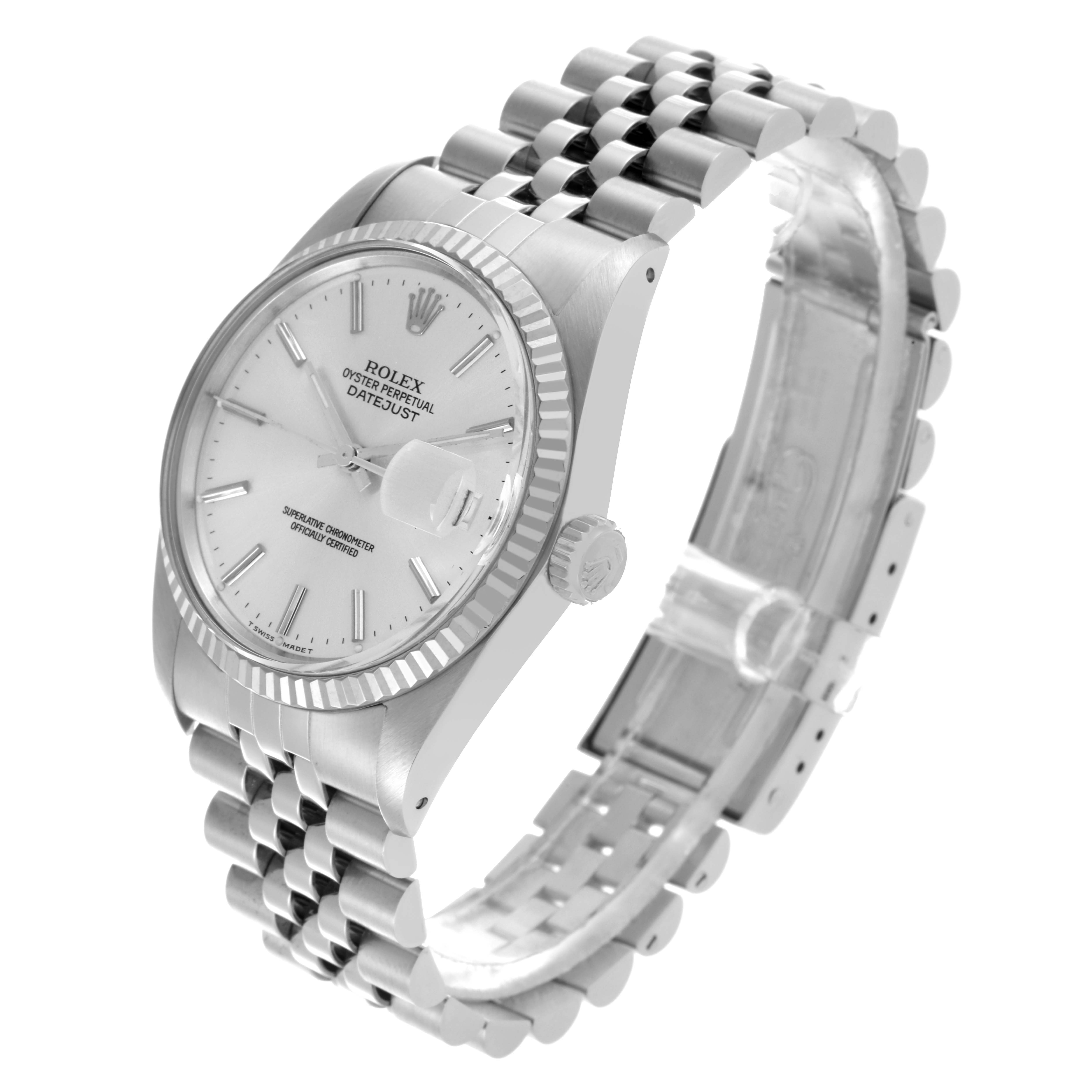 The Rolex Datejust 16014 Men's Stainless Steel Silver Dial 16014 Men's Stainless Steel Silver Dial watch is shown at a three-quarter angle, displaying the dial, bezel, crown, and bracelet.