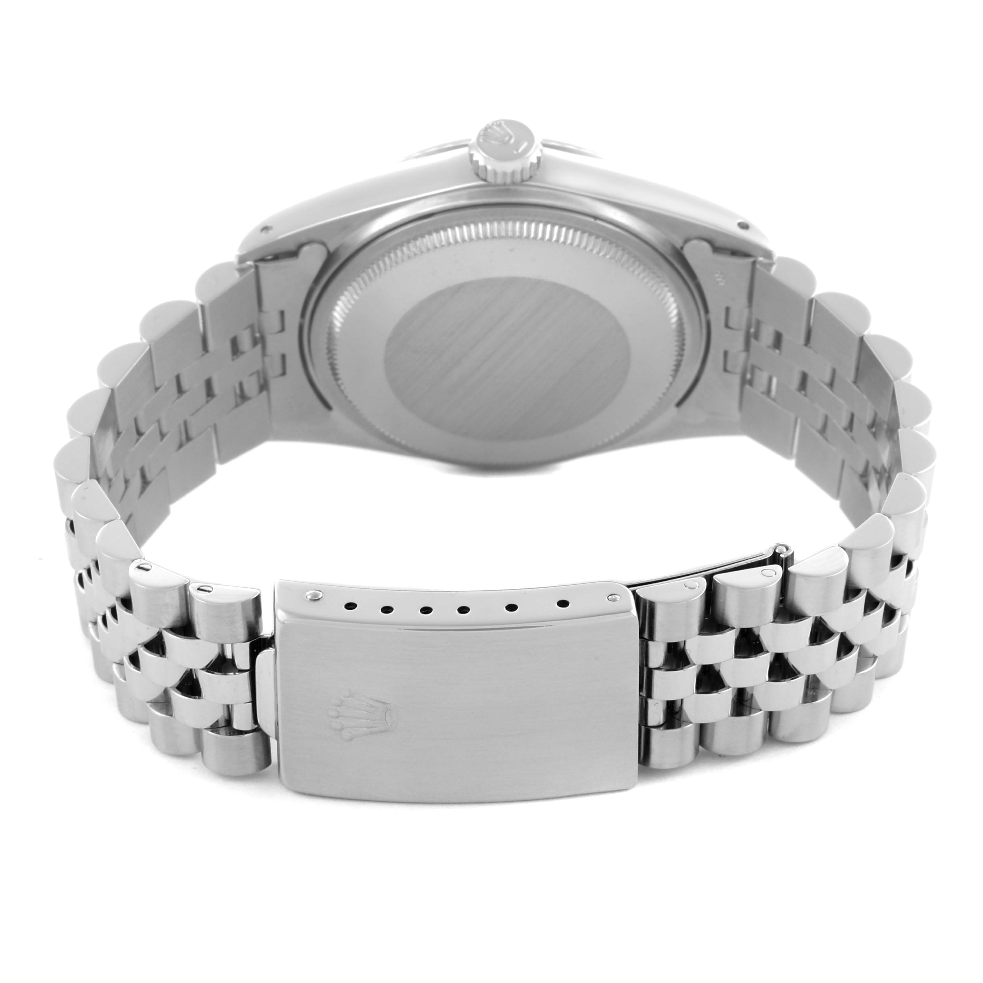 The image shows the back of a Rolex Datejust 16014 Men's Stainless Steel Silver Dial 16014 Men's Stainless Steel Silver Dial watch, focusing on the case, crown, and Jubilee bracelet with a clasp.