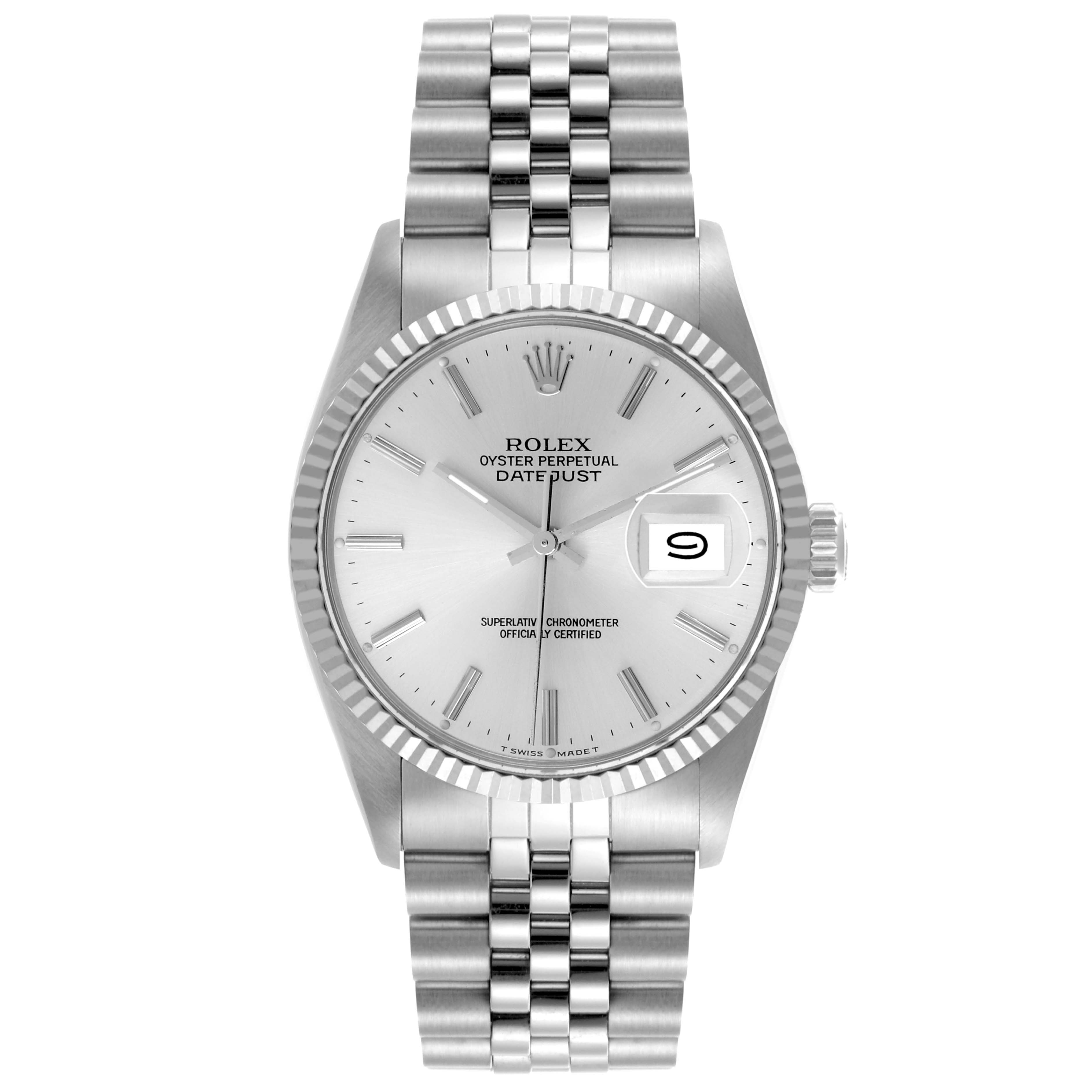 The image shows a frontal view of the Rolex Datejust 16014 Men's Stainless Steel Silver Dial 16014 Men's Stainless Steel Silver Dial, displaying the dial, bezel, bracelet, and date window.