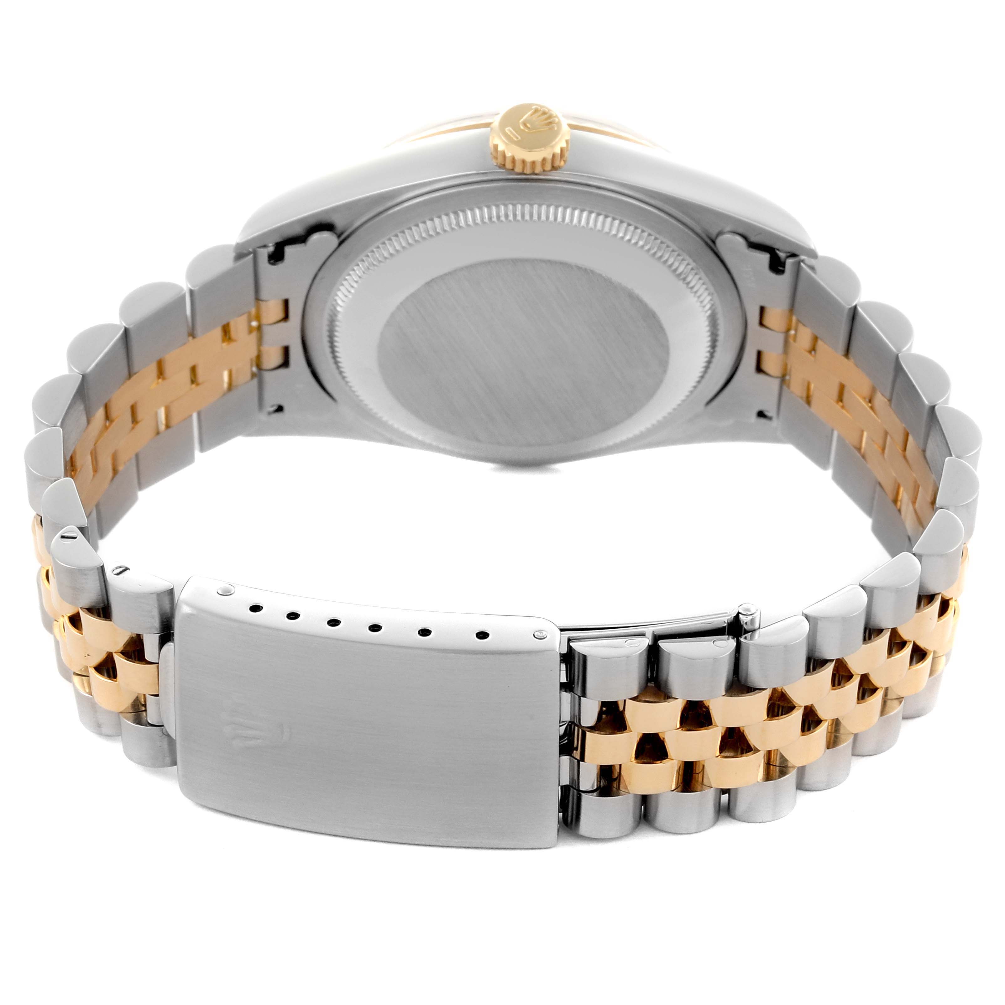 The image shows the back and bracelet of a Rolex Datejust 16233 Men's Steel and Gold (two tone) Black Dial 16233 Men's Steel and Gold (two tone) Black Dial, featuring a two-tone metal design and closed clasp.