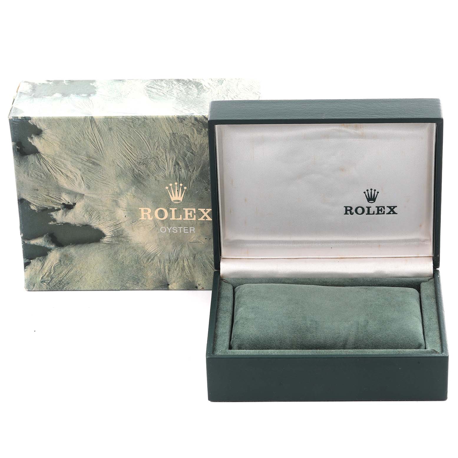 The image shows a Rolex Datejust 16233 Men's Steel and Gold (two tone) Black Dial 16233 Men's Steel and Gold (two tone) Black Dial watch box and cushion, with the lid open at a slight angle.