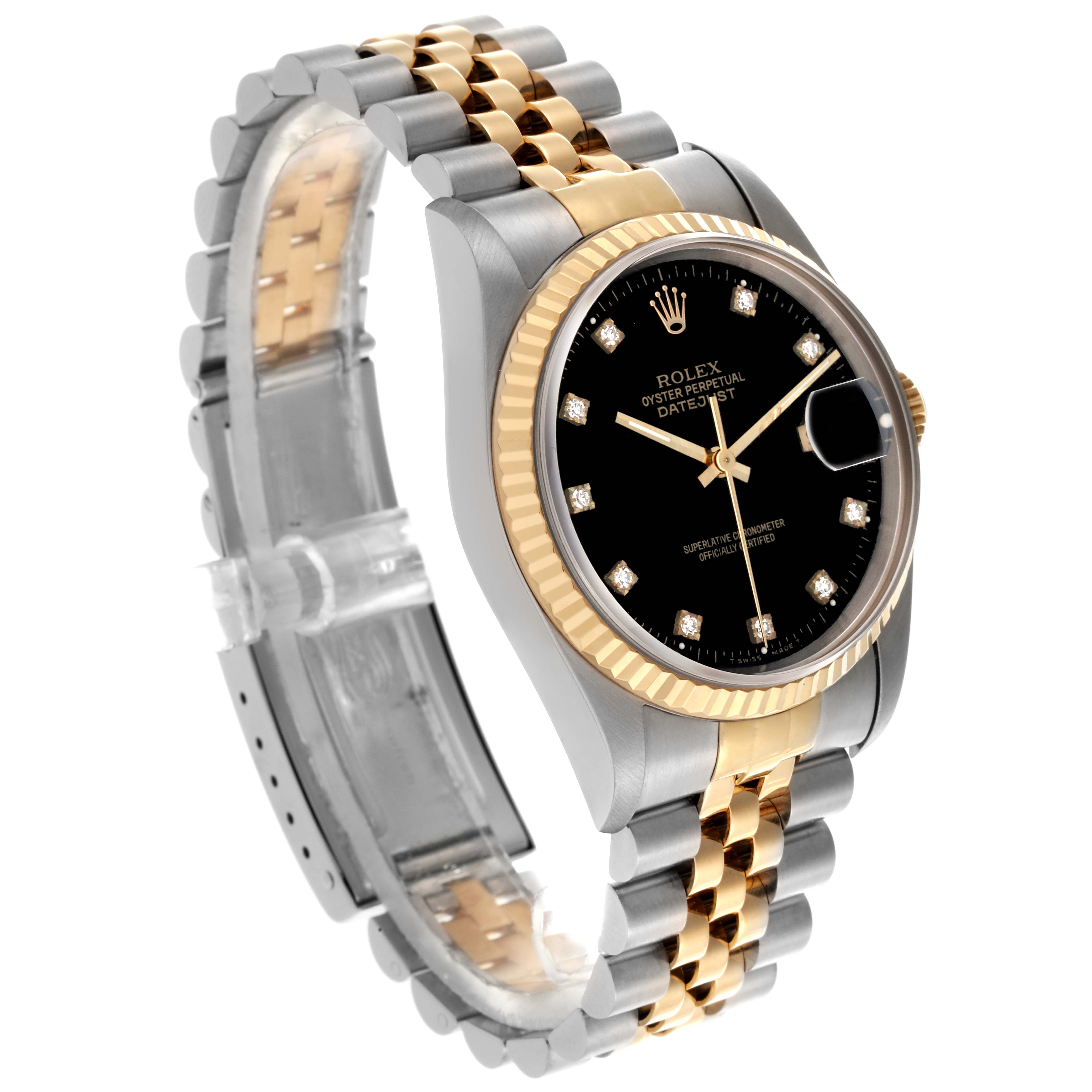 The Rolex Datejust 16233 Men's Steel and Gold (two tone) Black Dial 16233 Men's Steel and Gold (two tone) Black Dial watch is shown at a side angle, displaying the face, bezel, and two-tone bracelet.