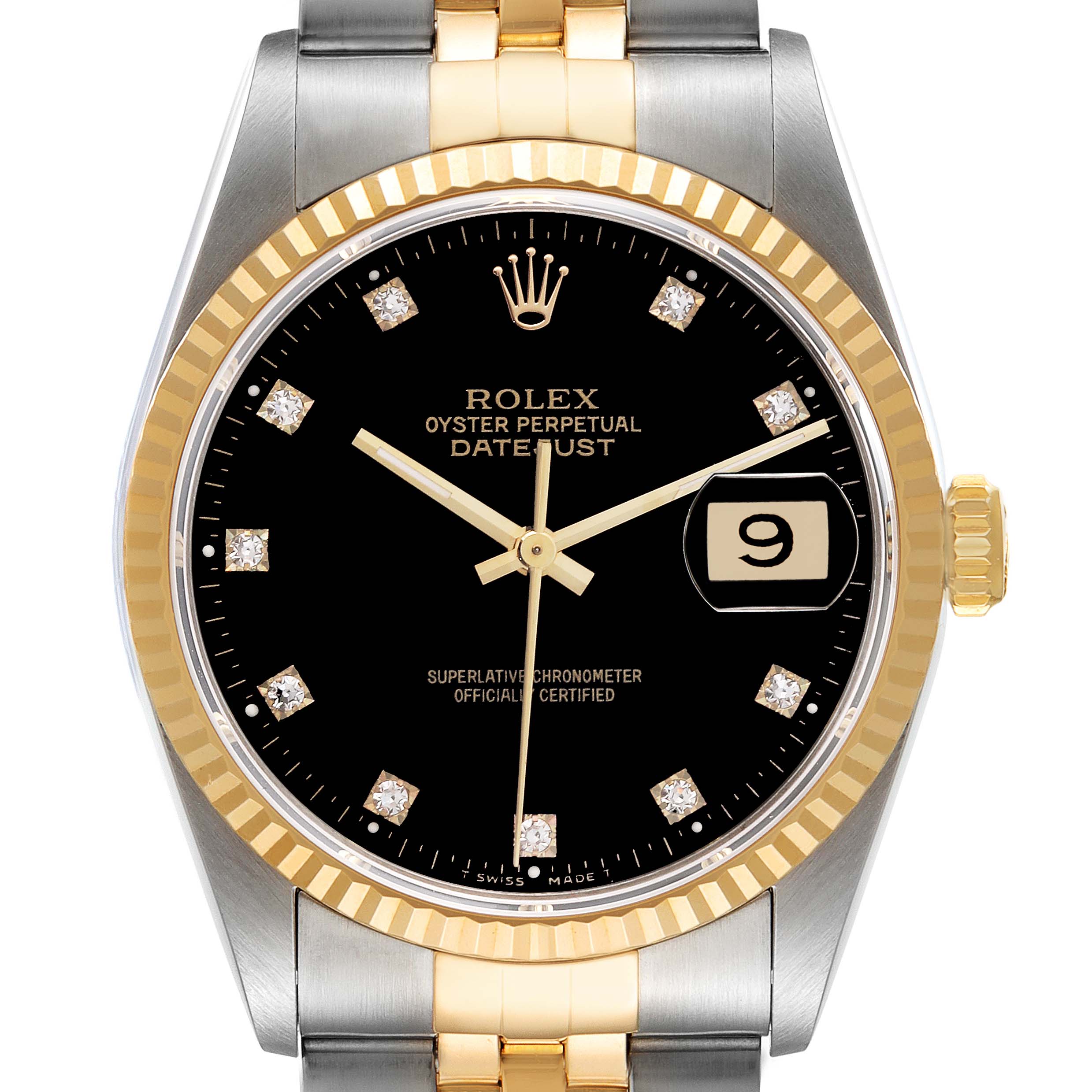 This image shows a frontal view of the Rolex Datejust 16233 Men's Steel and Gold (two tone) Black Dial 16233 Men's Steel and Gold (two tone) Black Dial watch, displaying the dial, bezel, crown, and part of the bracelet.