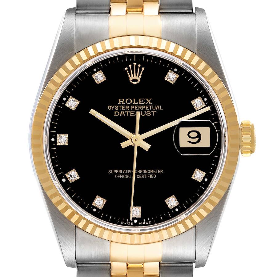 This image shows a frontal view of the Rolex Datejust watch, displaying the dial, bezel, crown, and part of the bracelet.