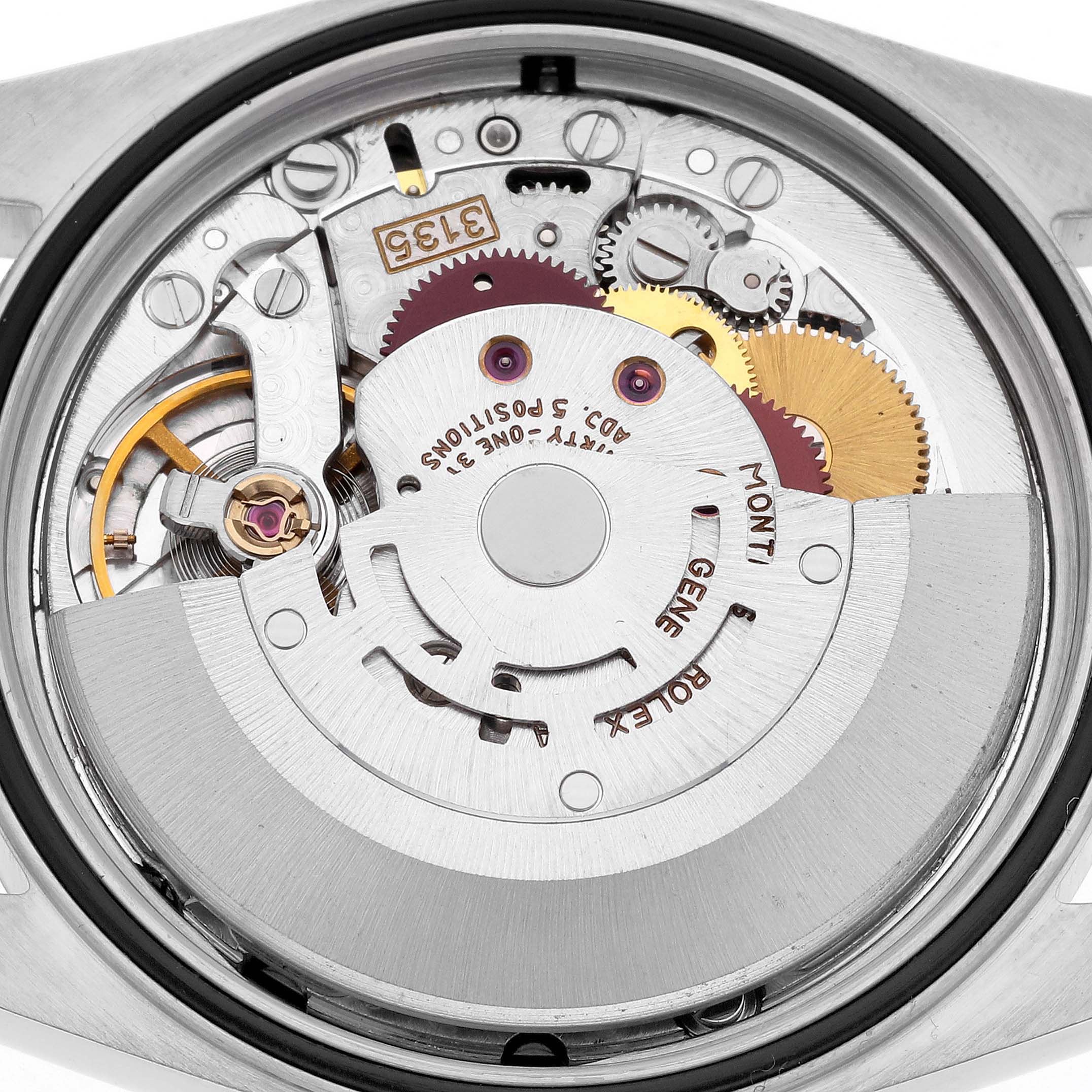 The image shows a close-up of the movement inside a Rolex Datejust 16233 Men's Steel and Gold (two tone) Black Dial 16233 Men's Steel and Gold (two tone) Black Dial, highlighting gears and components.