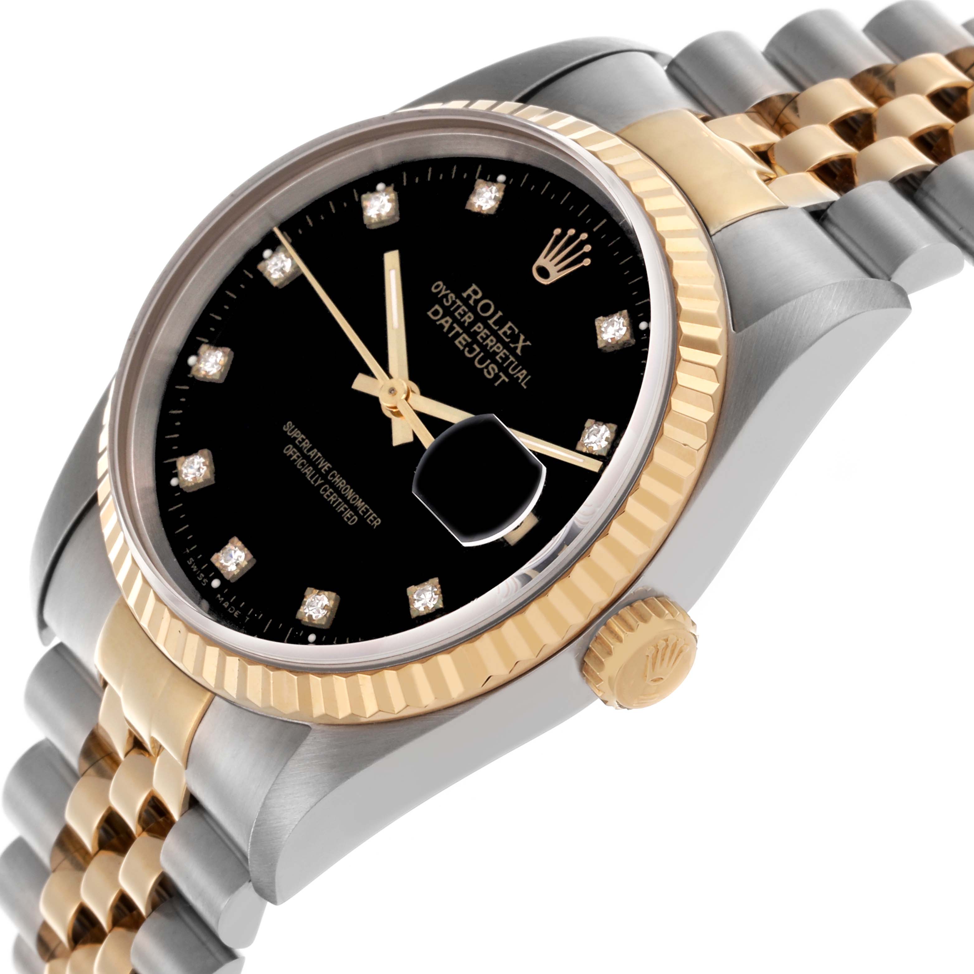 The Rolex Datejust 16233 Men's Steel and Gold (two tone) Black Dial 16233 Men's Steel and Gold (two tone) Black Dial watch is shown at an angled view displaying the dial, bezel, crown, and part of the bracelet.